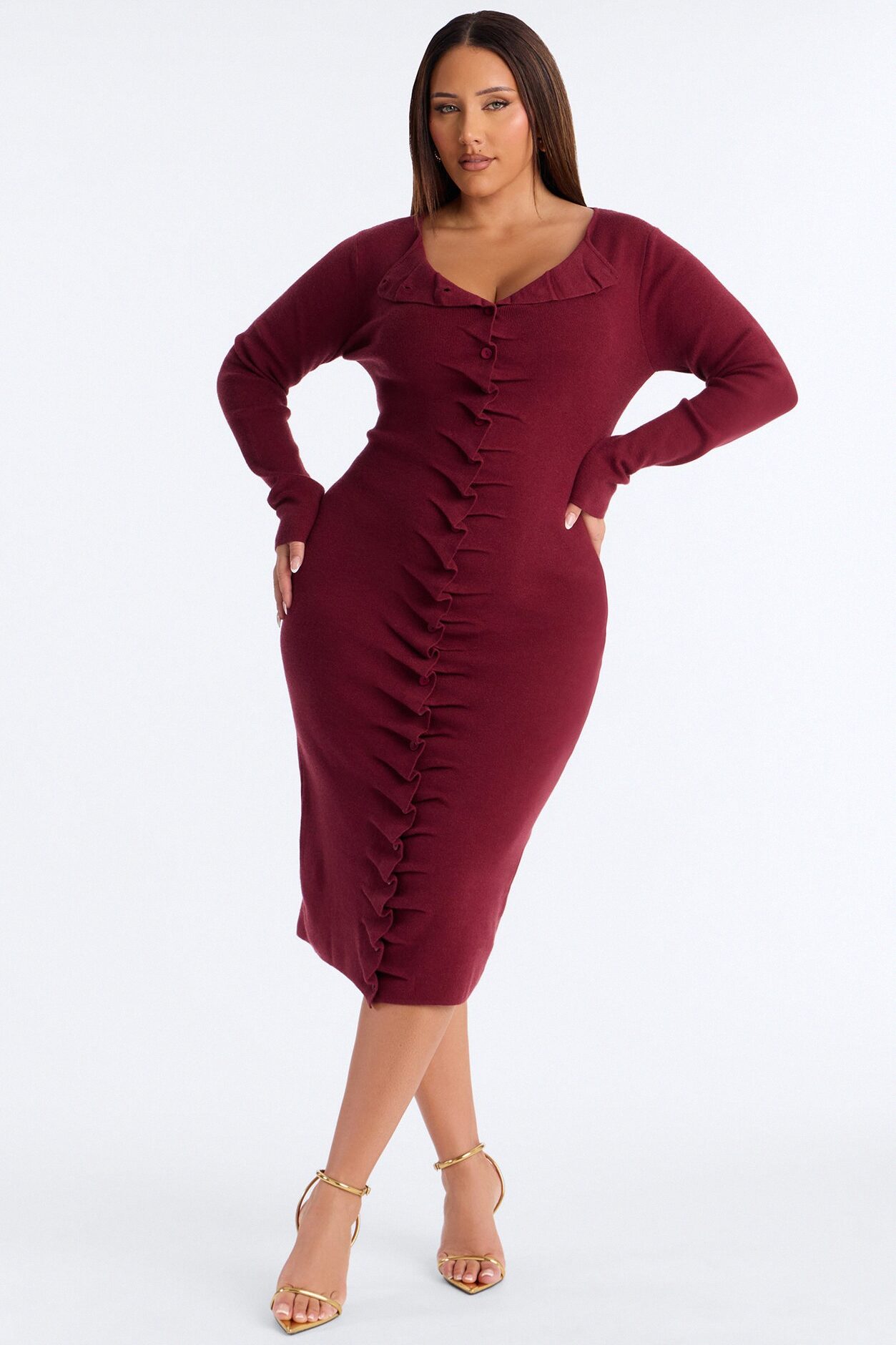 Jaime Sweater Button Up Midi Dress - Burgundy