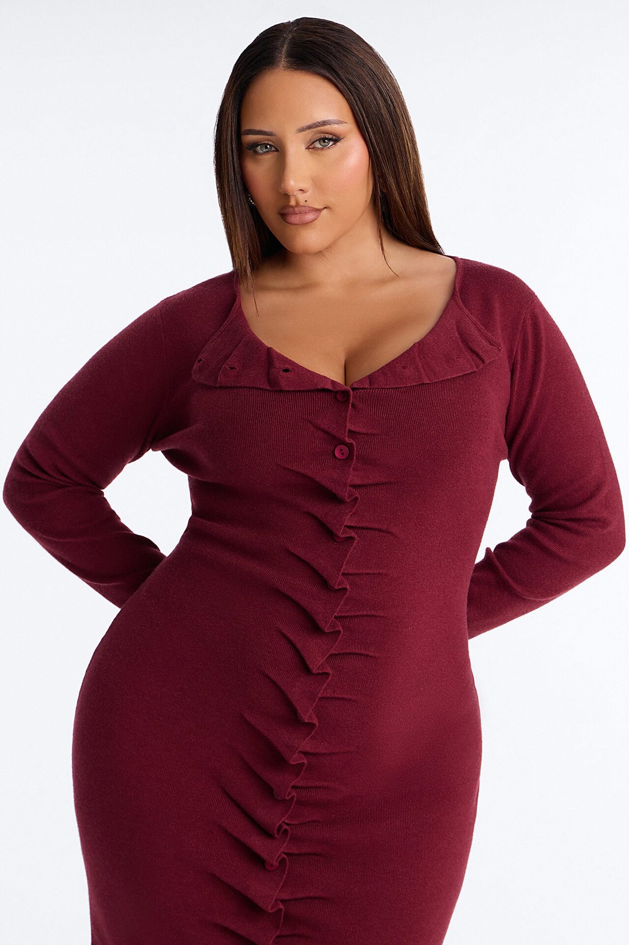 Jaime Sweater Button Up Midi Dress - Burgundy