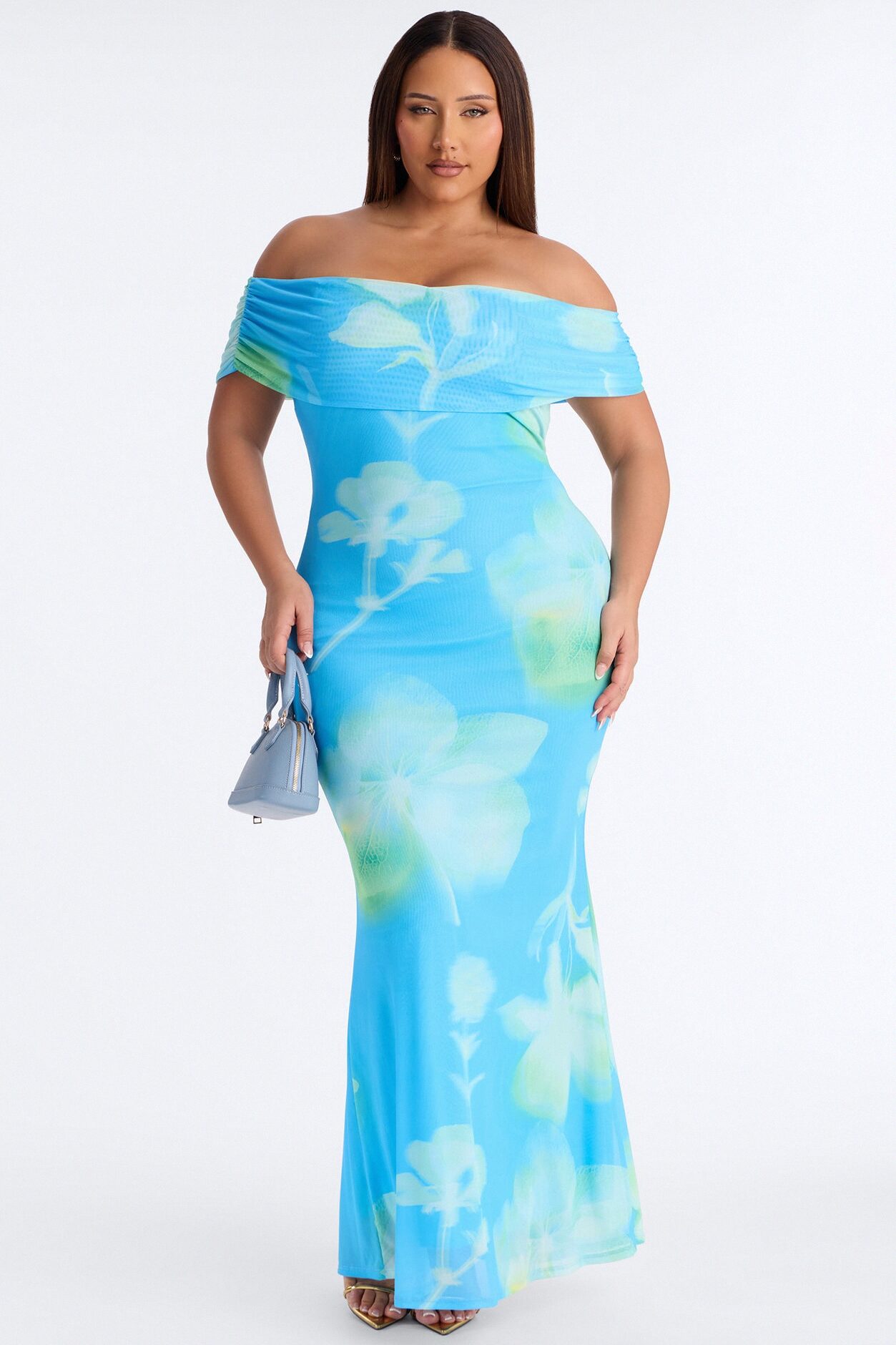 Emilee Off Shoulder Mesh Maxi Dress - Blue/combo
