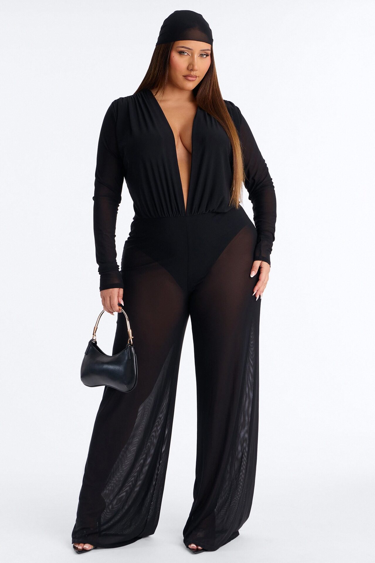 Sara Plunge Neck Jumpsuit And Headscarf 2 Piece Set - Black