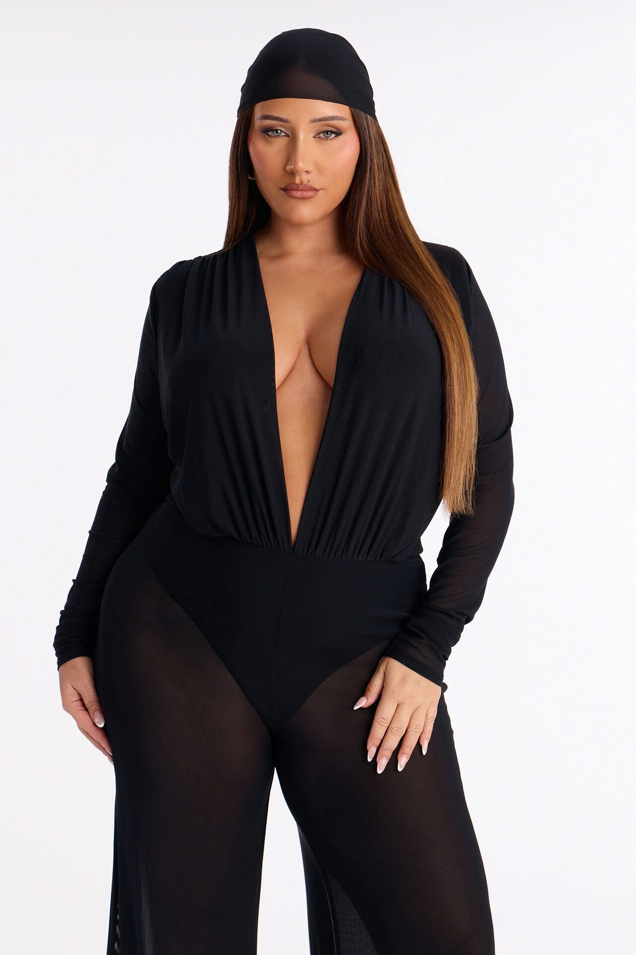 Sara Plunge Neck Jumpsuit And Headscarf 2 Piece Set - Black