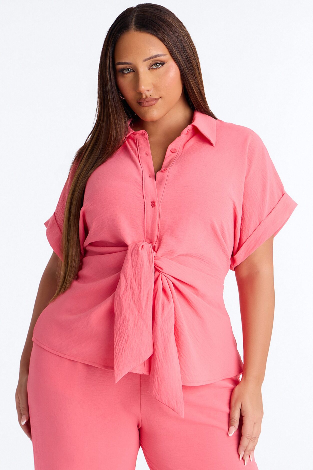 Makela Tie Front Wide Leg Pant Set - Pink