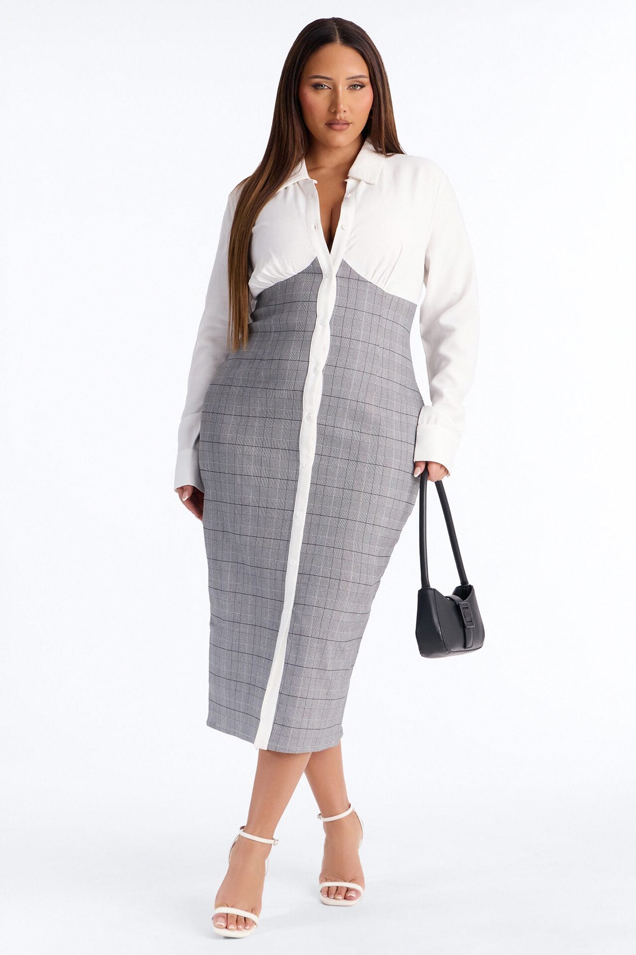 Yasmin Plaid Shirt Midi Dress - Grey/combo