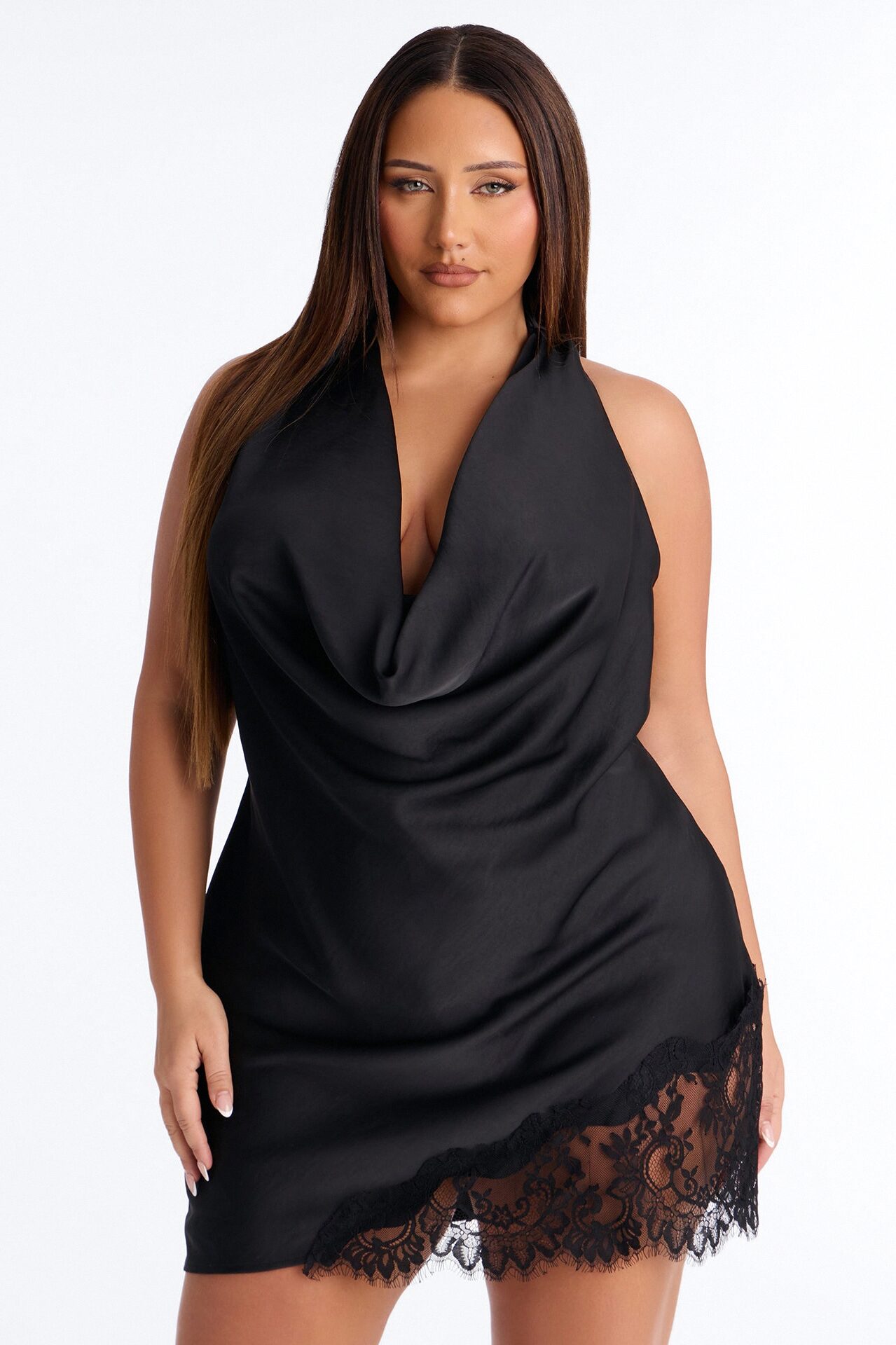 Selena Lace Trim Satin Mini Dress - Black