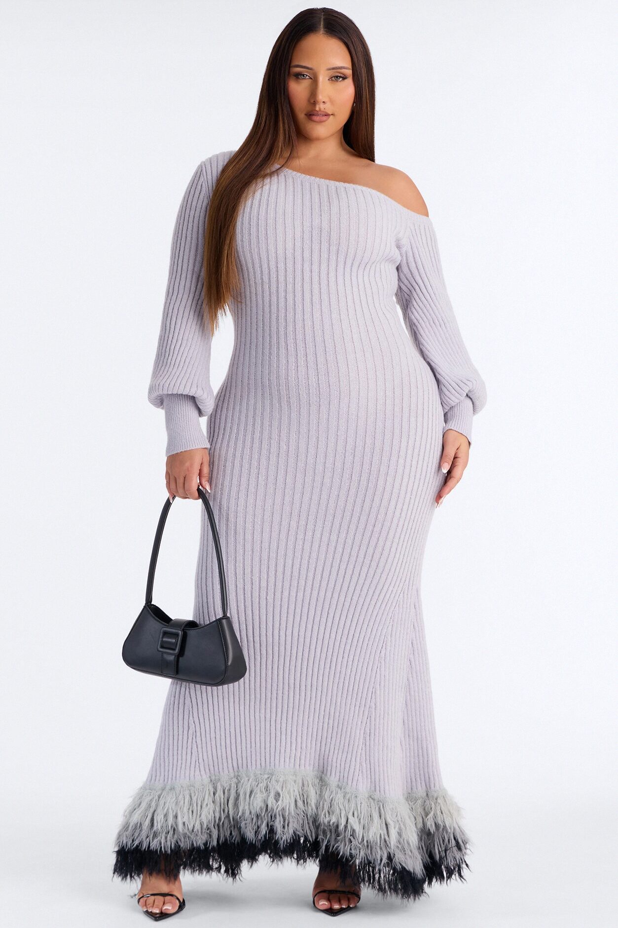 Stop And Stare Fur Trim Sweater Maxi Dress - Grey