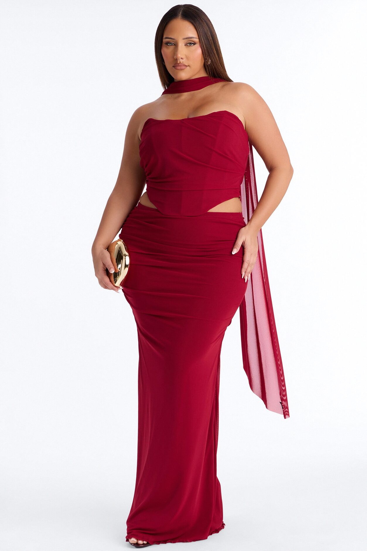 Avery Mesh Corset 3 Piece Maxi Skirt Set - Red