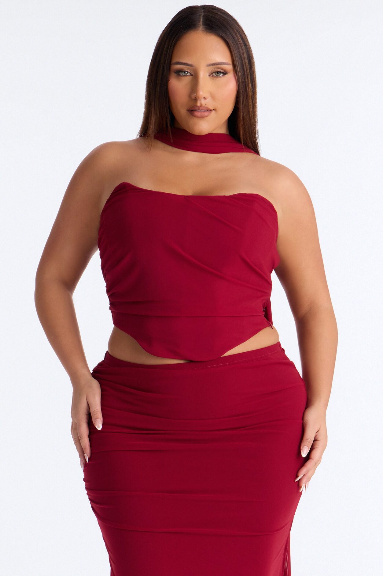 Avery Mesh Corset 3 Piece Maxi Skirt Set - Red