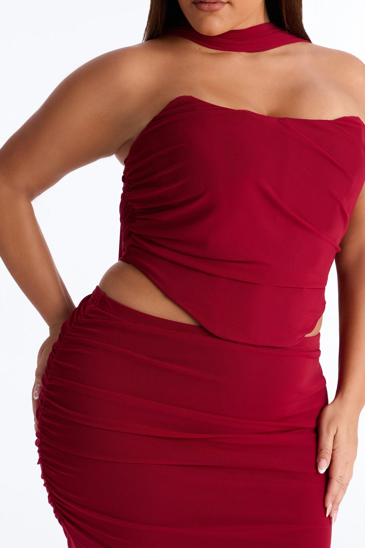 Avery Mesh Corset 3 Piece Maxi Skirt Set - Red