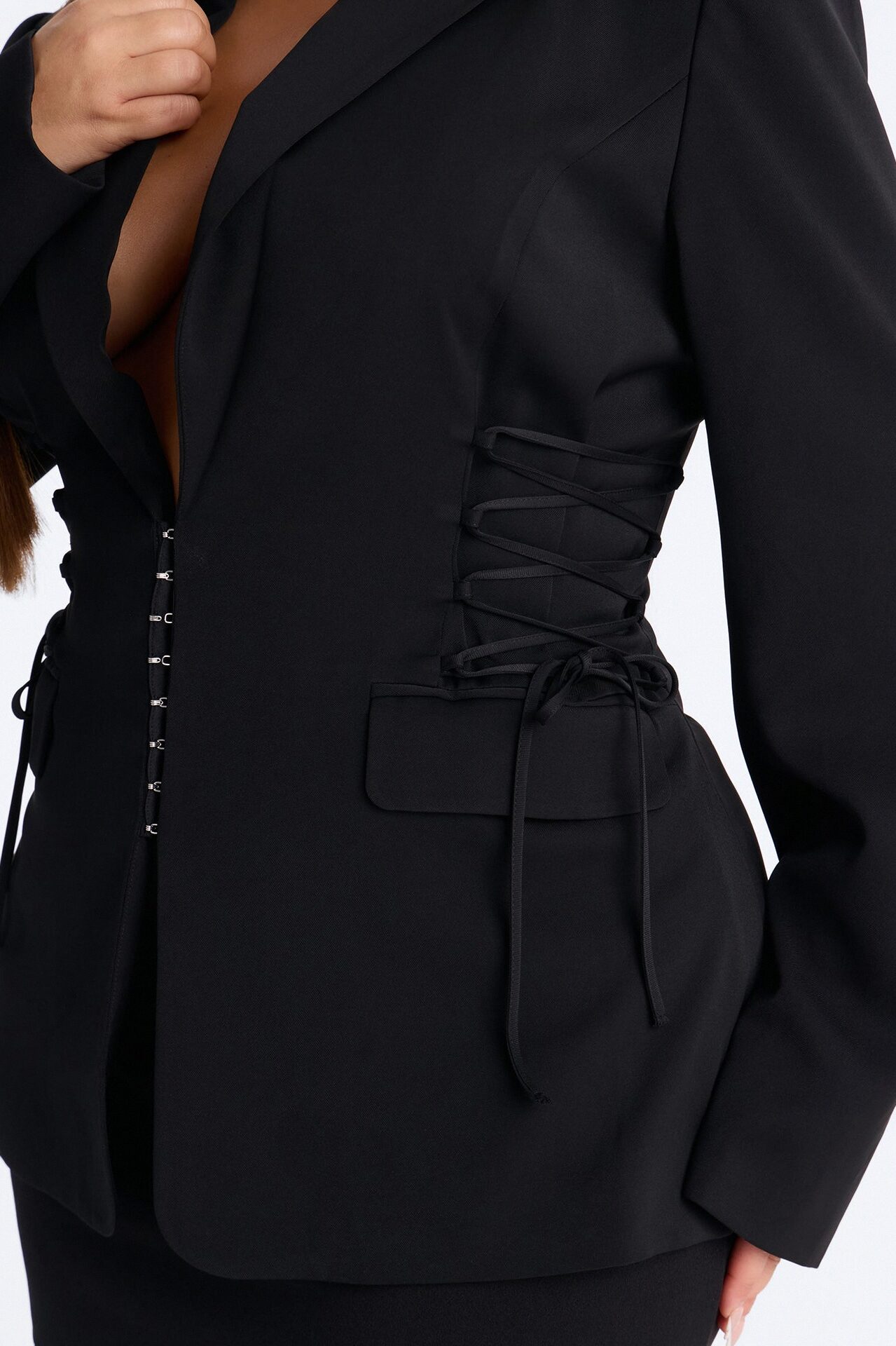 Cheyenne Crepe Woven Lace Up Blazer - Black