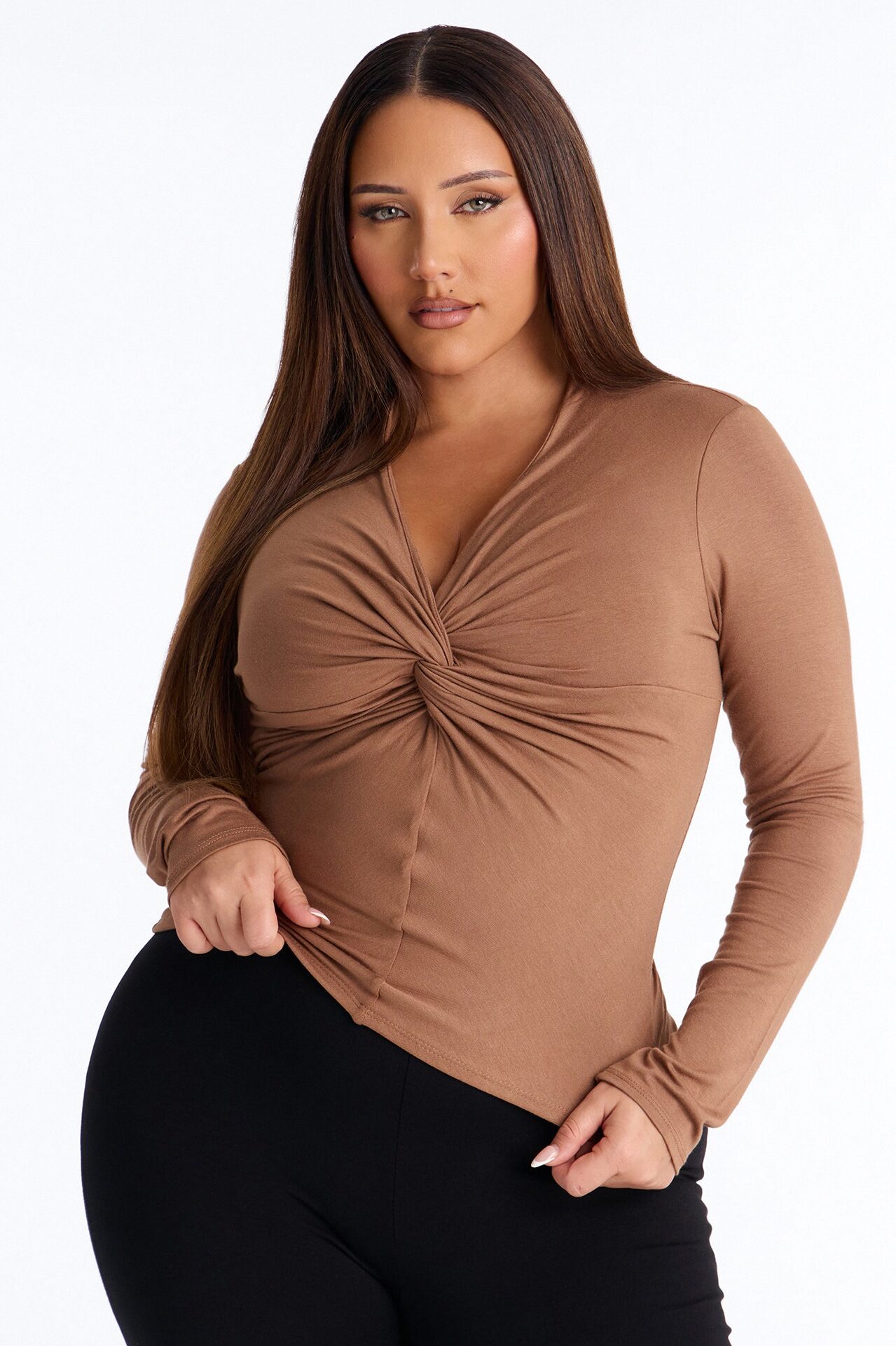 Pure Twist V-Neck Long Sleeve Top - Mocha
