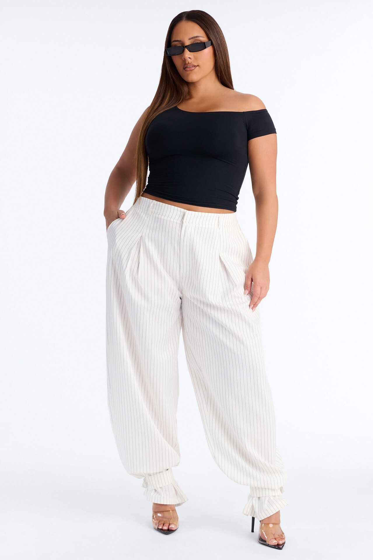 Never Settle Pinstripe Adjustable Cuff Trouser Pants 33″ - Ivory