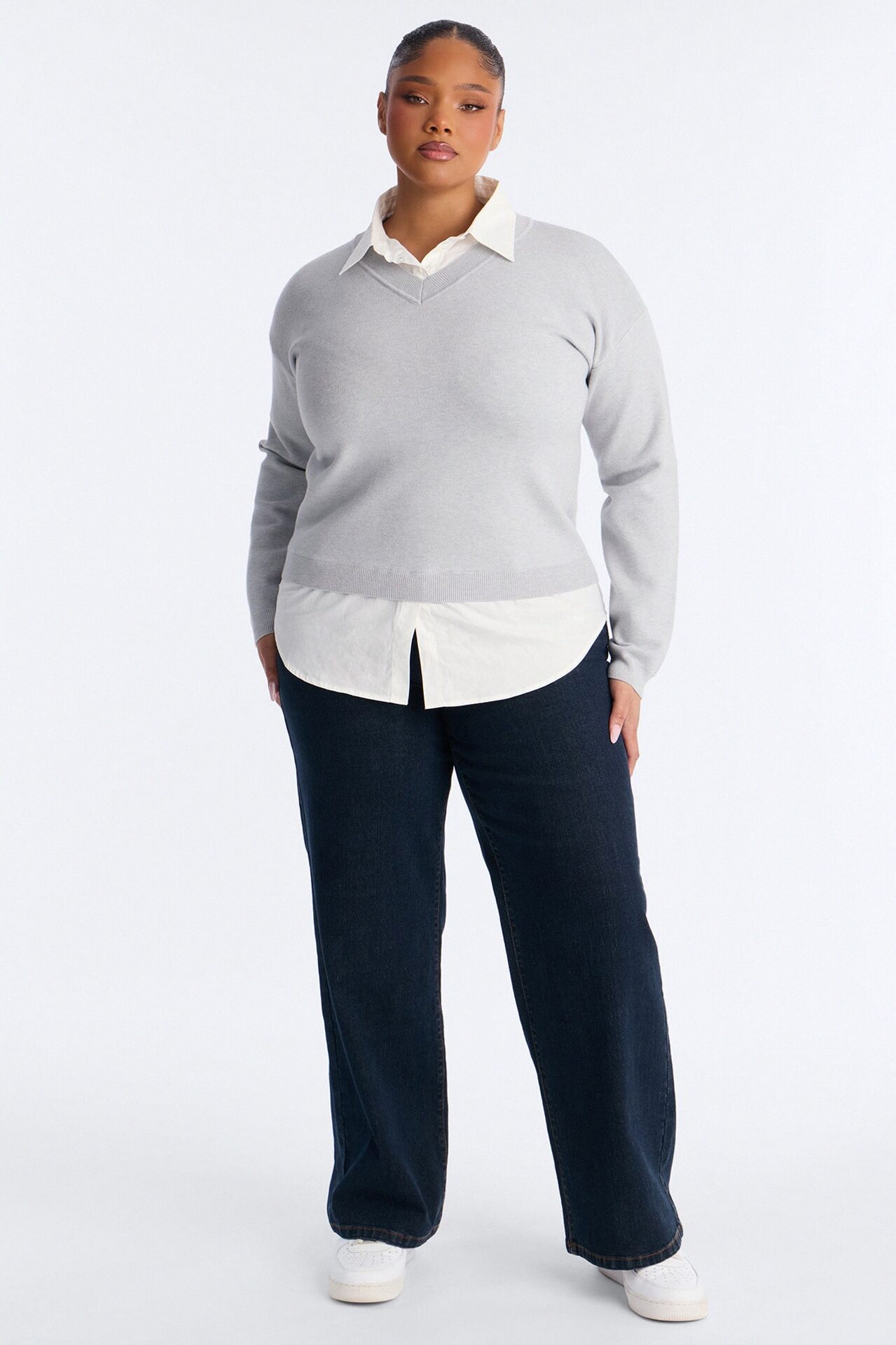 Join The Club Set-In Poplin Sweater - Grey/combo