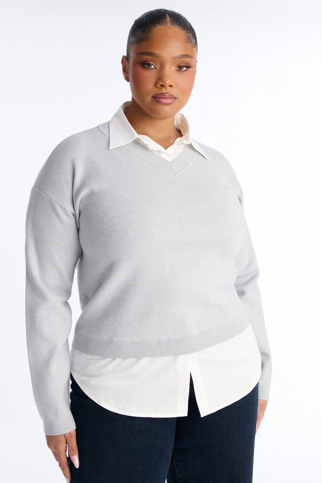 Join The Club Set-In Poplin Sweater - Grey/combo