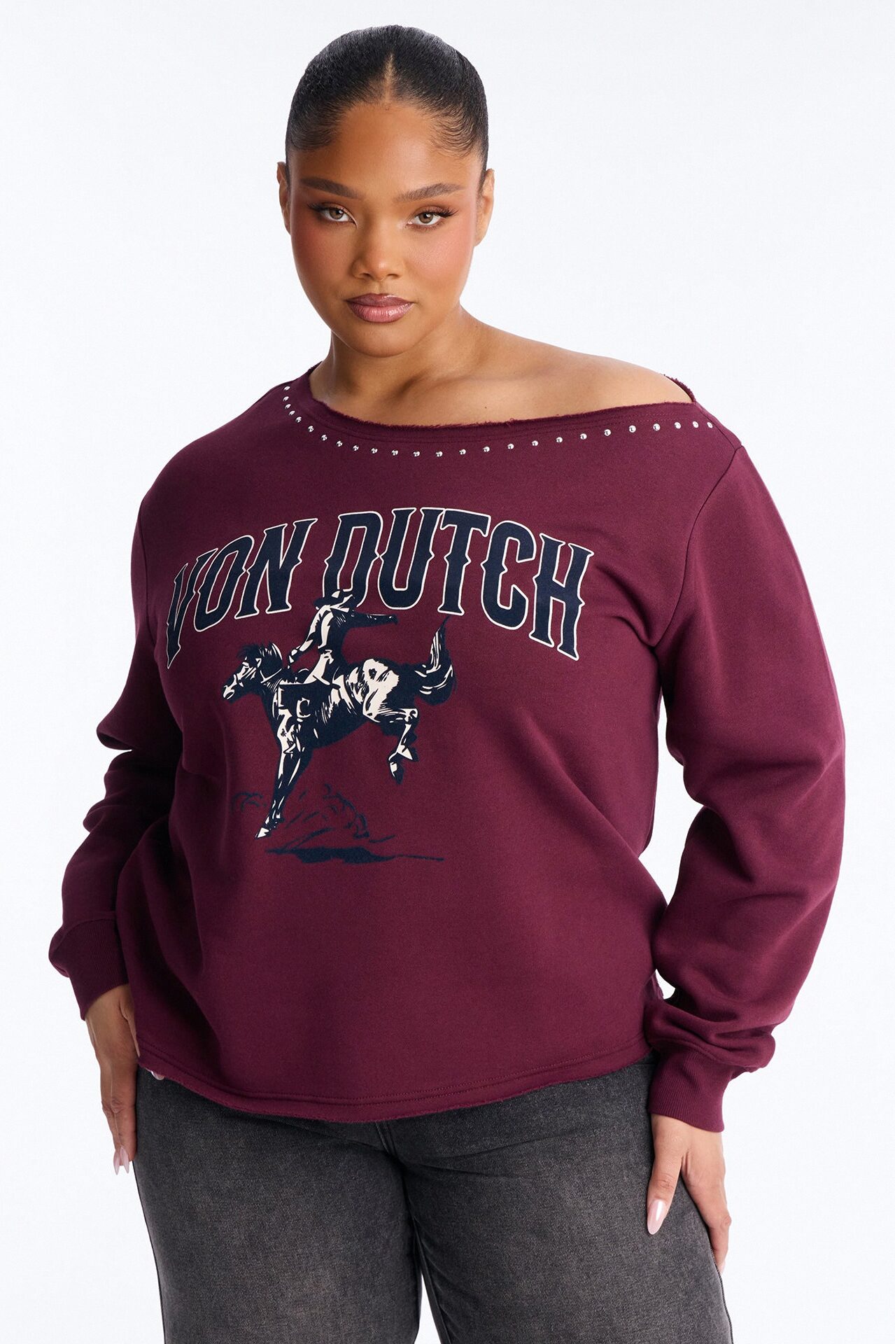 Von Dutch Western Heart Off Shoulder Studded Sweatshirt - Burgundy