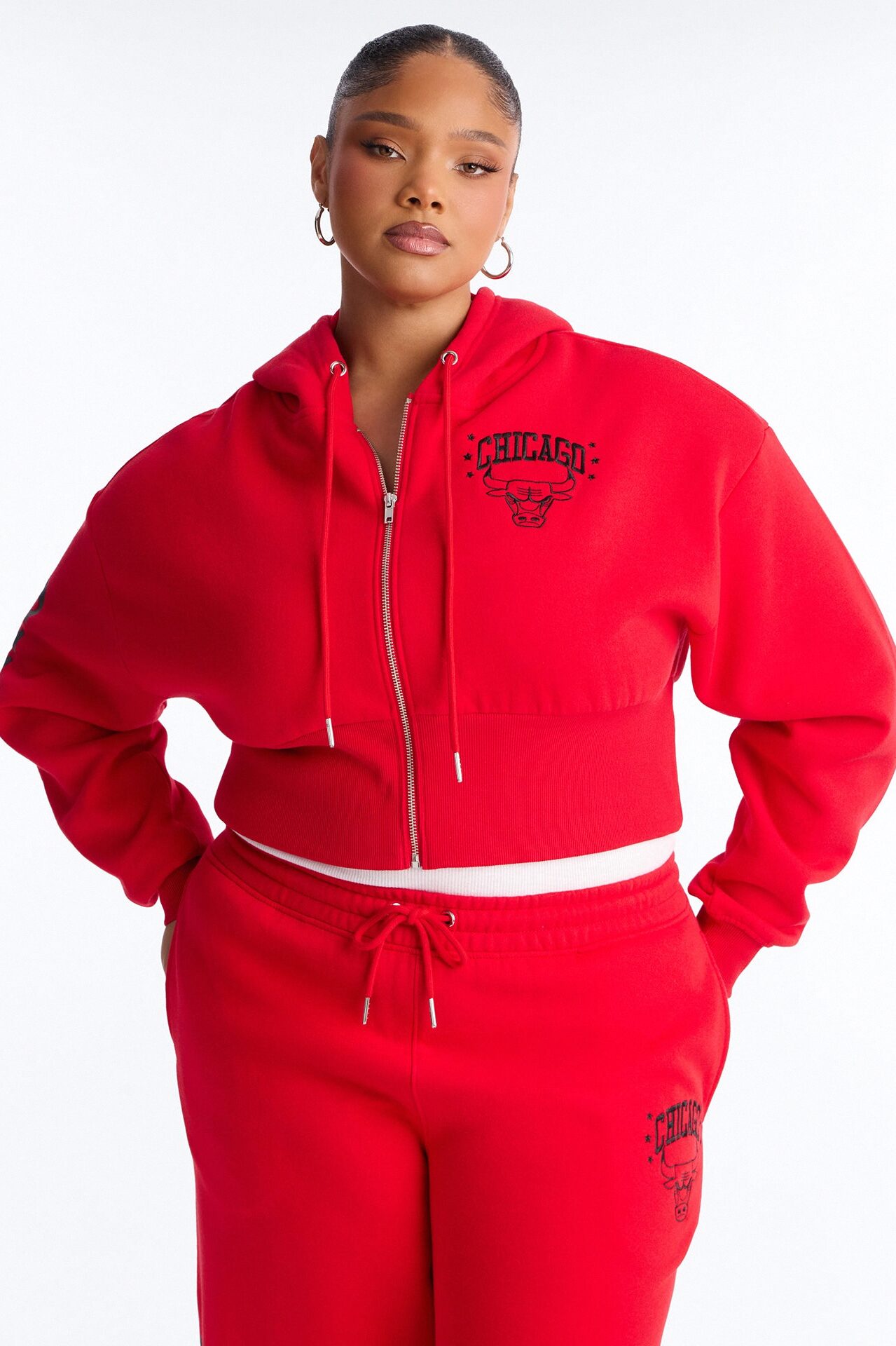 NBA Chicago Bulls Cropped Fleece Full Zip Hoodie - Red