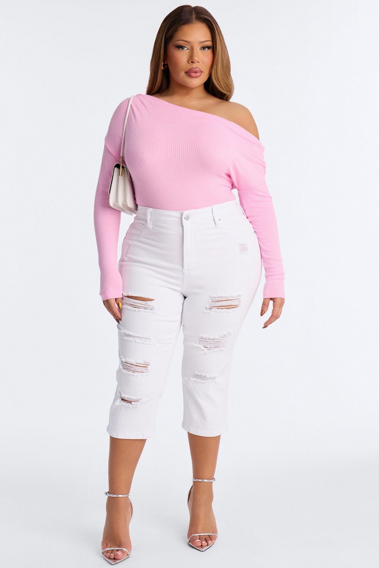 Salem Booty Lifting Ripped High Rise Stretch Capri Jeans - White