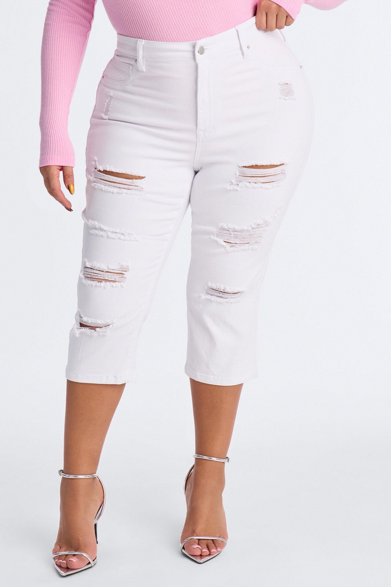 Salem Booty Lifting Ripped High Rise Stretch Capri Jeans - White
