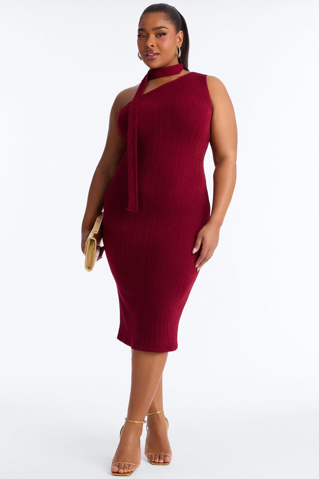 Pamela Scarf Textured Midi Dress - Wine