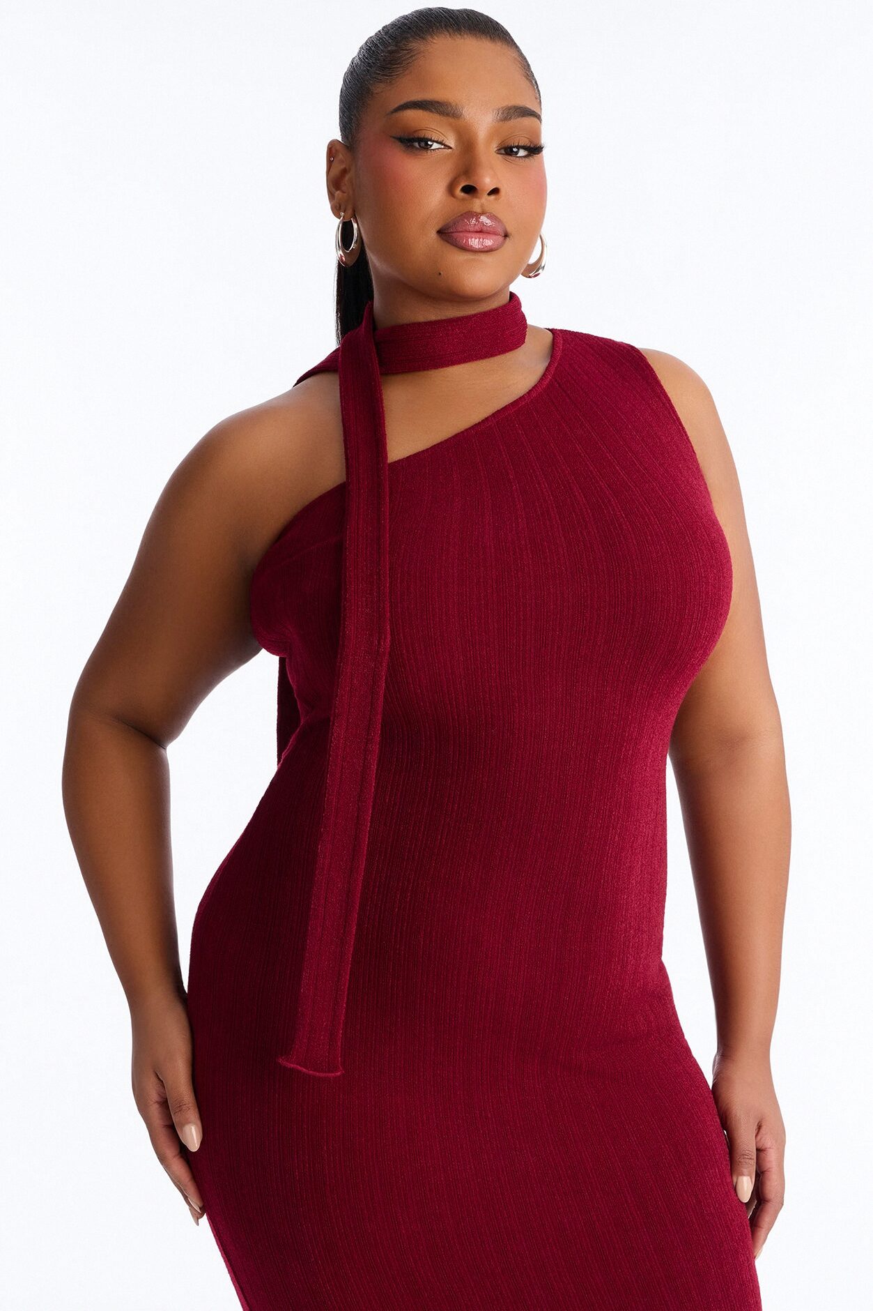 Pamela Scarf Textured Midi Dress - Wine