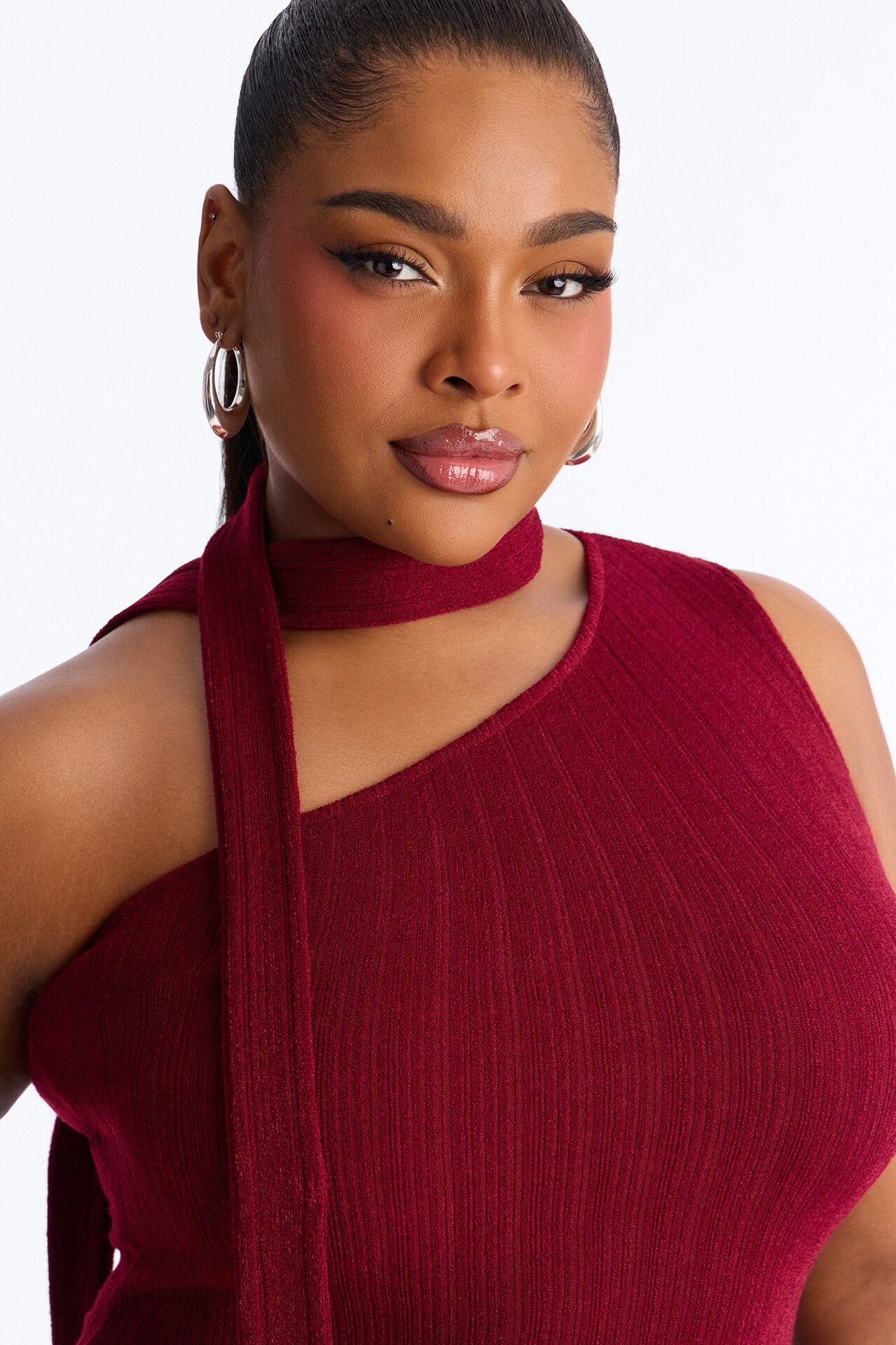 Pamela Scarf Textured Midi Dress - Wine