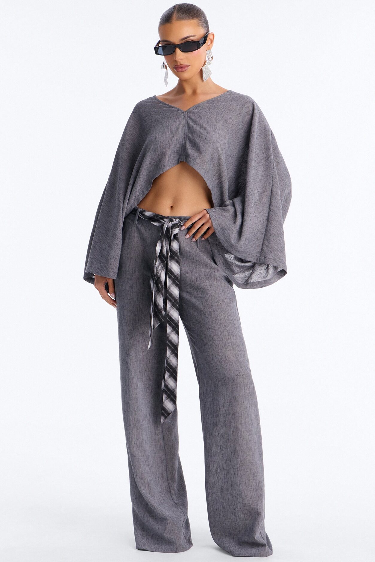 Fiora Scarf Belt Pant Set - Grey