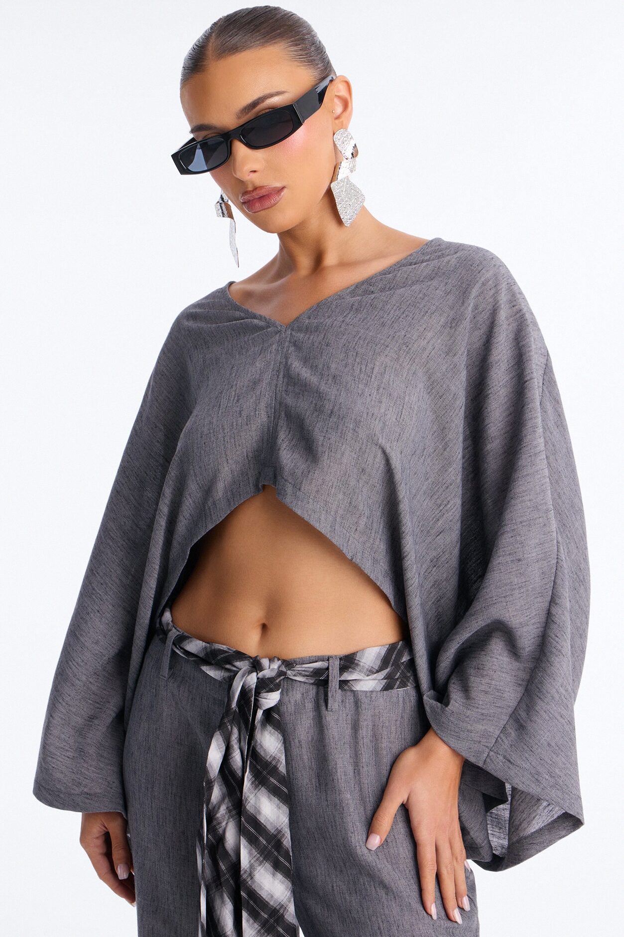 Fiora Scarf Belt Pant Set - Grey