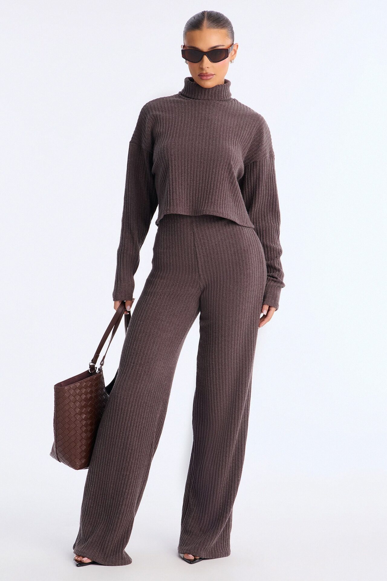 Melissa Ribbed Turtleneck Pant Set - Brown