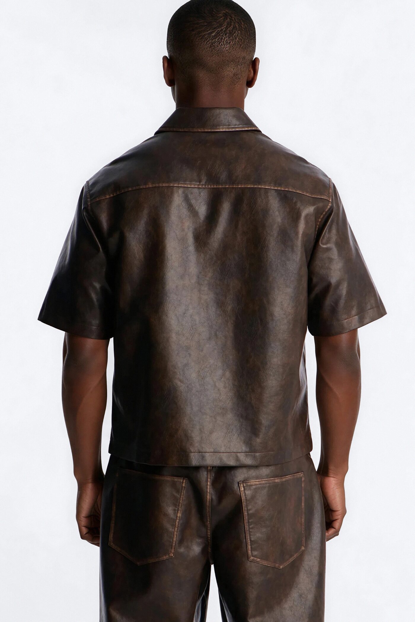 Cropped Relaxed Fordham Front Faux Leather Button Up Shirt - Brown