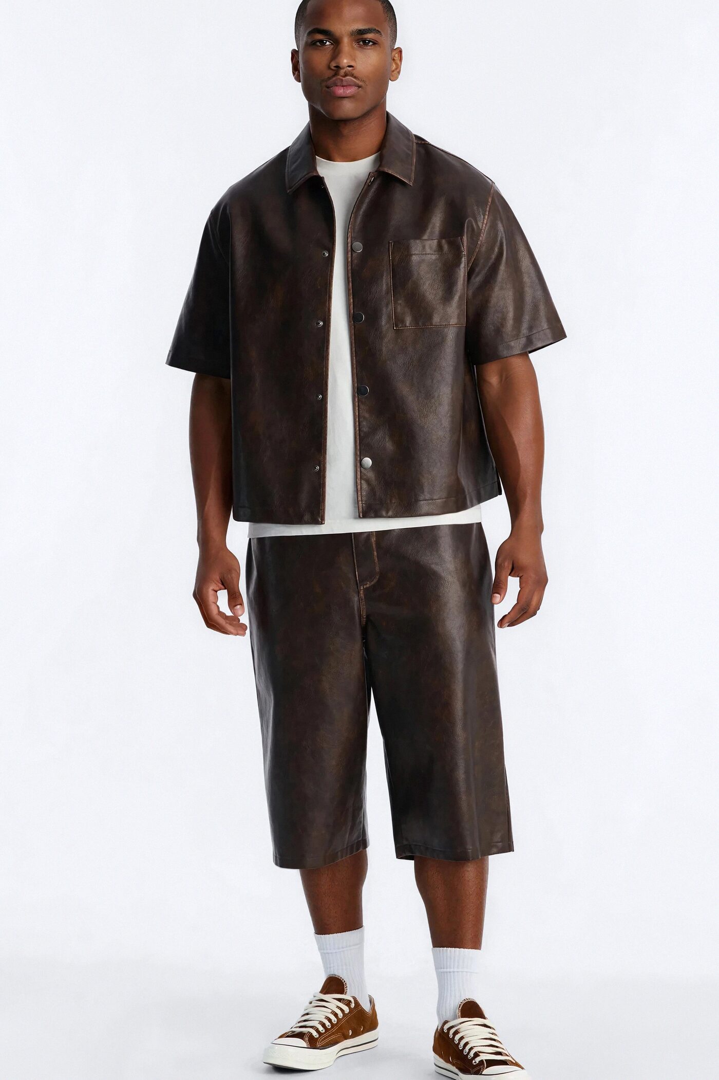 Cropped Relaxed Fordham Front Faux Leather Button Up Shirt - Brown