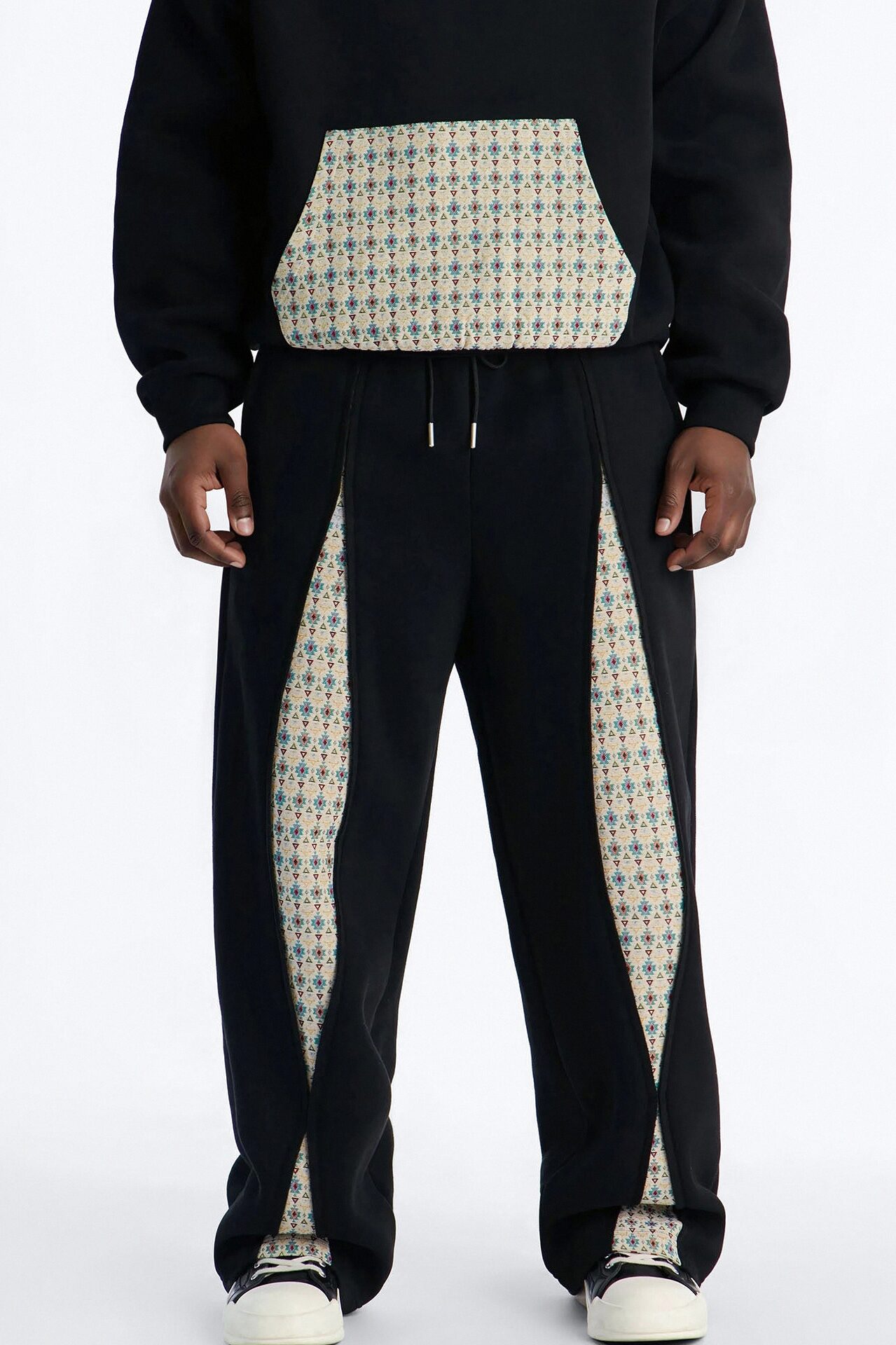 Baggy Mixed Media Tapestry Paneled Sweatpants - Black