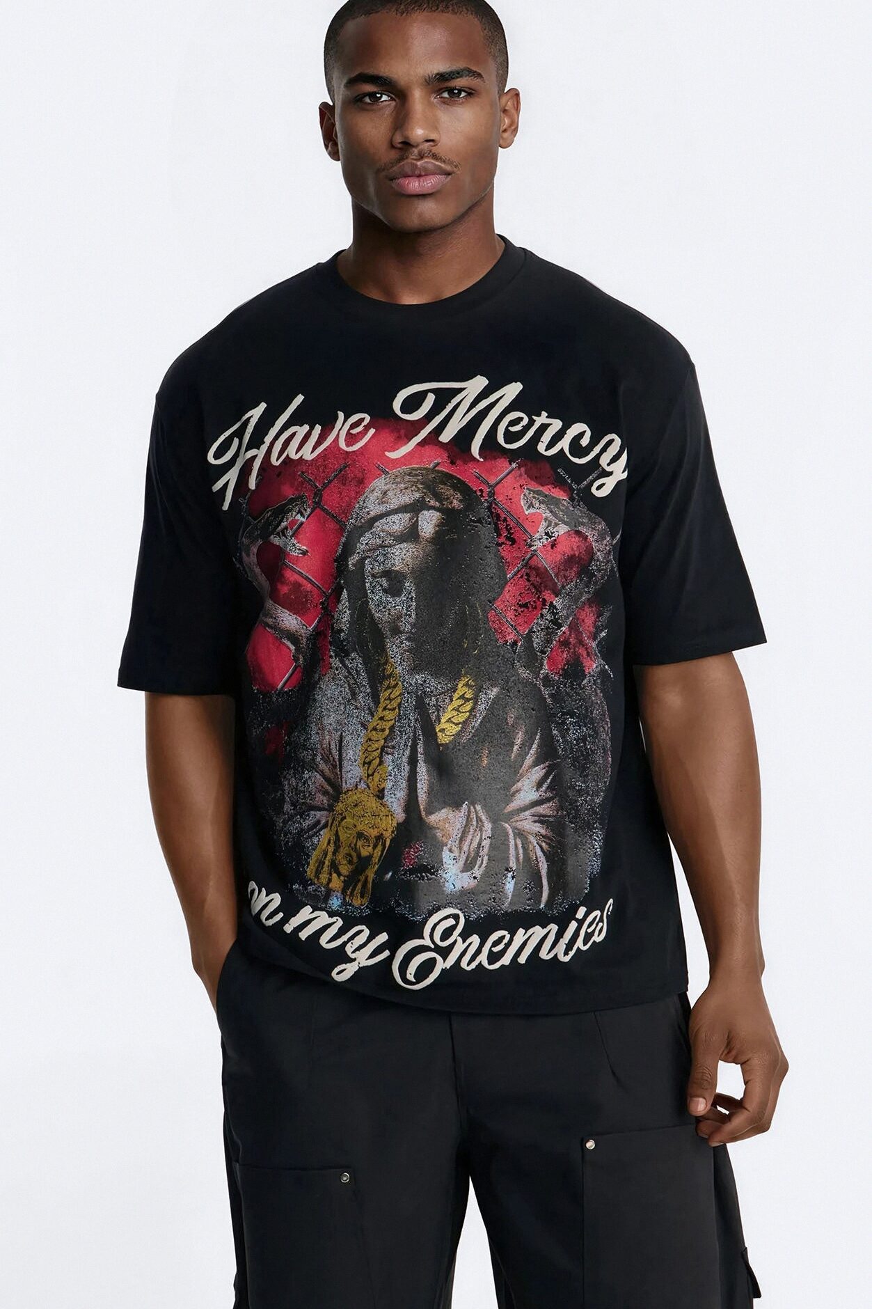 Have Mercy Glitter Print Short Sleeve Tee - Black