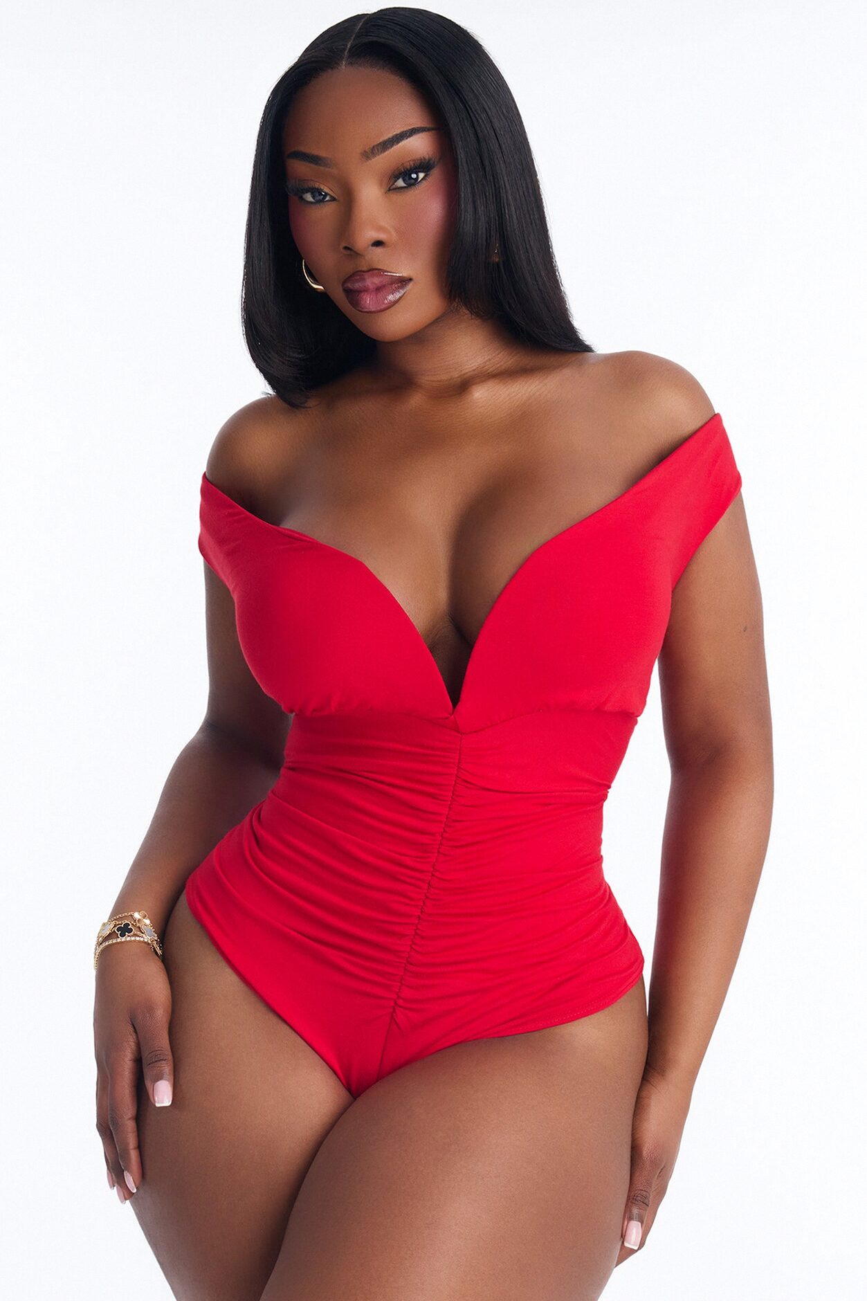 Evening Desire Off Shoulder Deep V-Neck Ruched Bodysuit - Red