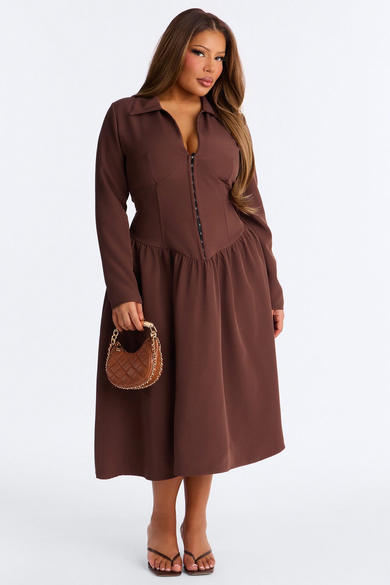 Paloma Corset Drop Waist Midi Dress - Brown