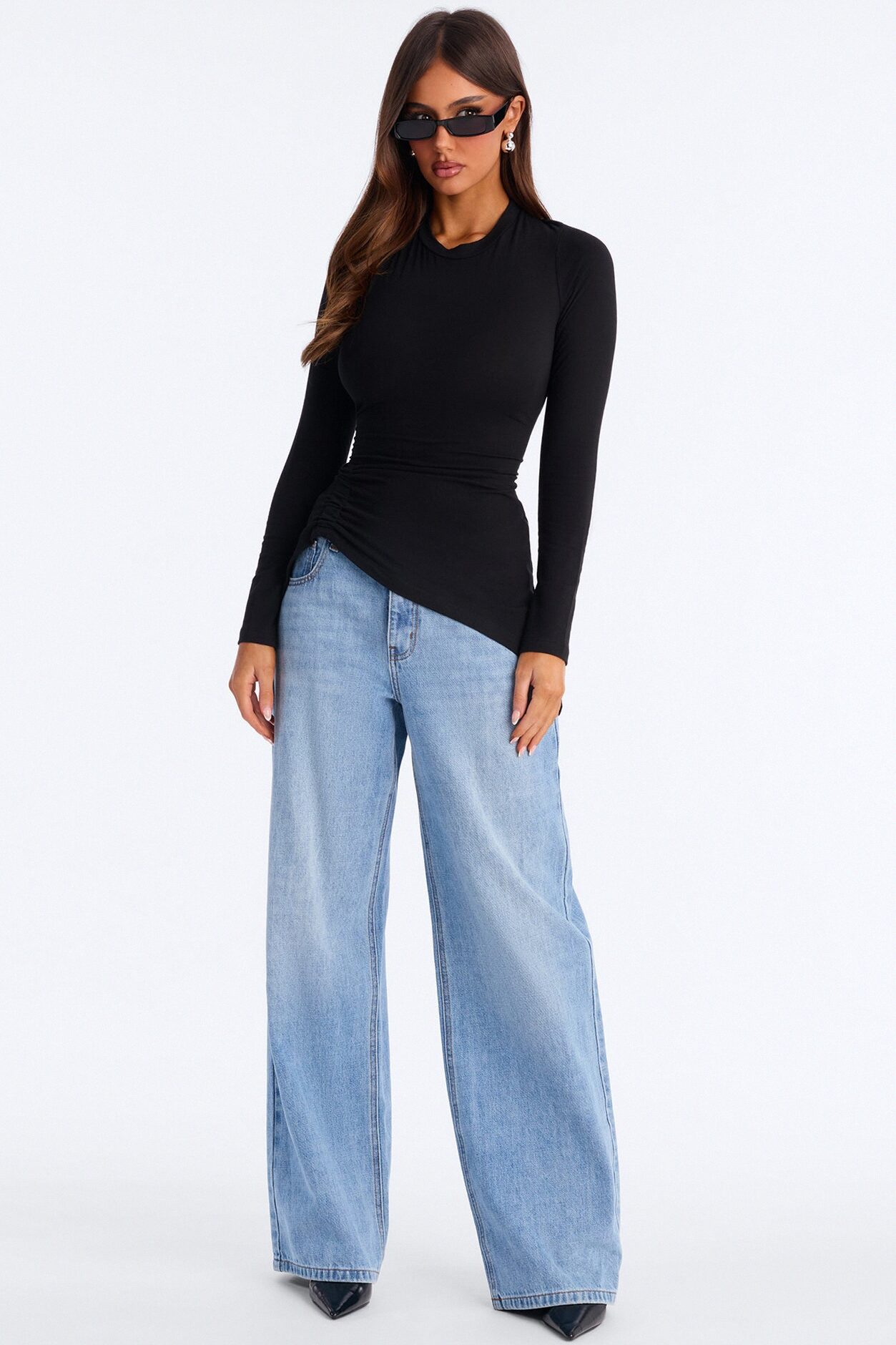Soft Allure Ruched Asymmetrical Long Sleeve Top - Black
