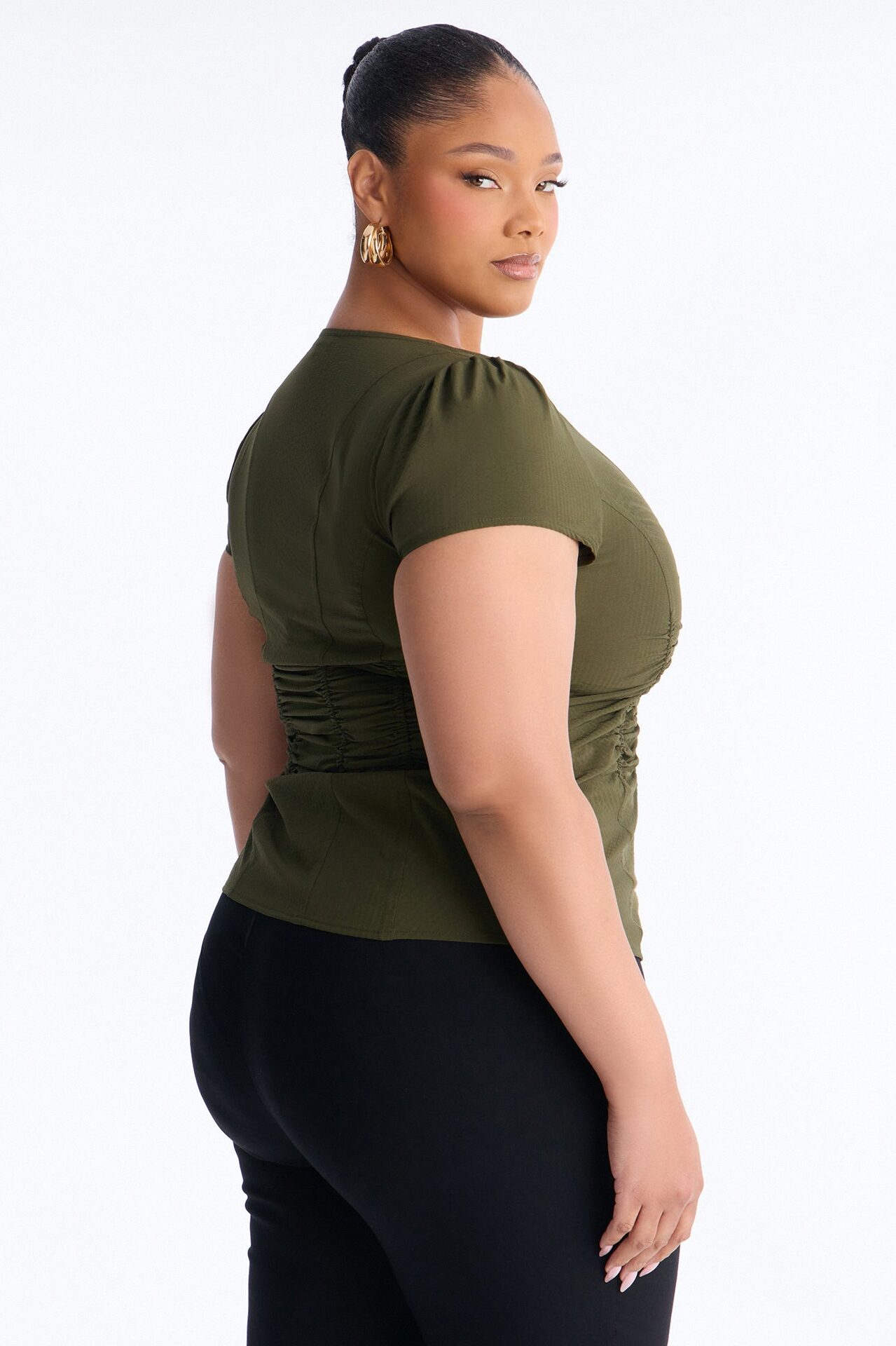 Catch Feelings Short Sleeve Ruched Top - Olive