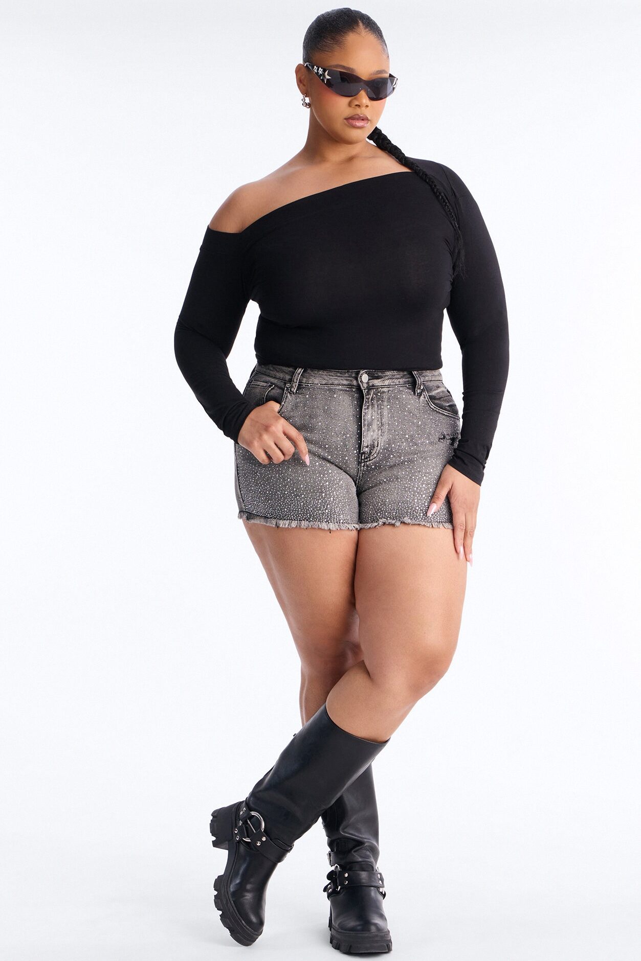 Shine Bright Embellished Stretch Denim Shorts - Grey