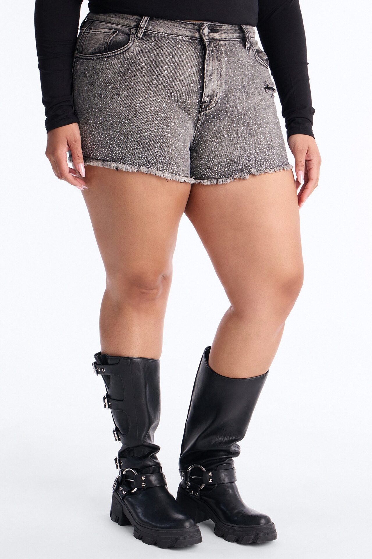 Shine Bright Embellished Stretch Denim Shorts - Grey