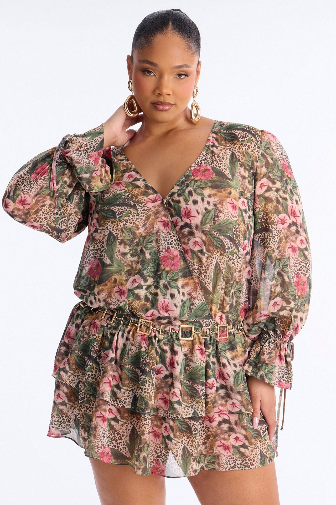 Davina Belted Chiffon Mini Dress - Olive/combo