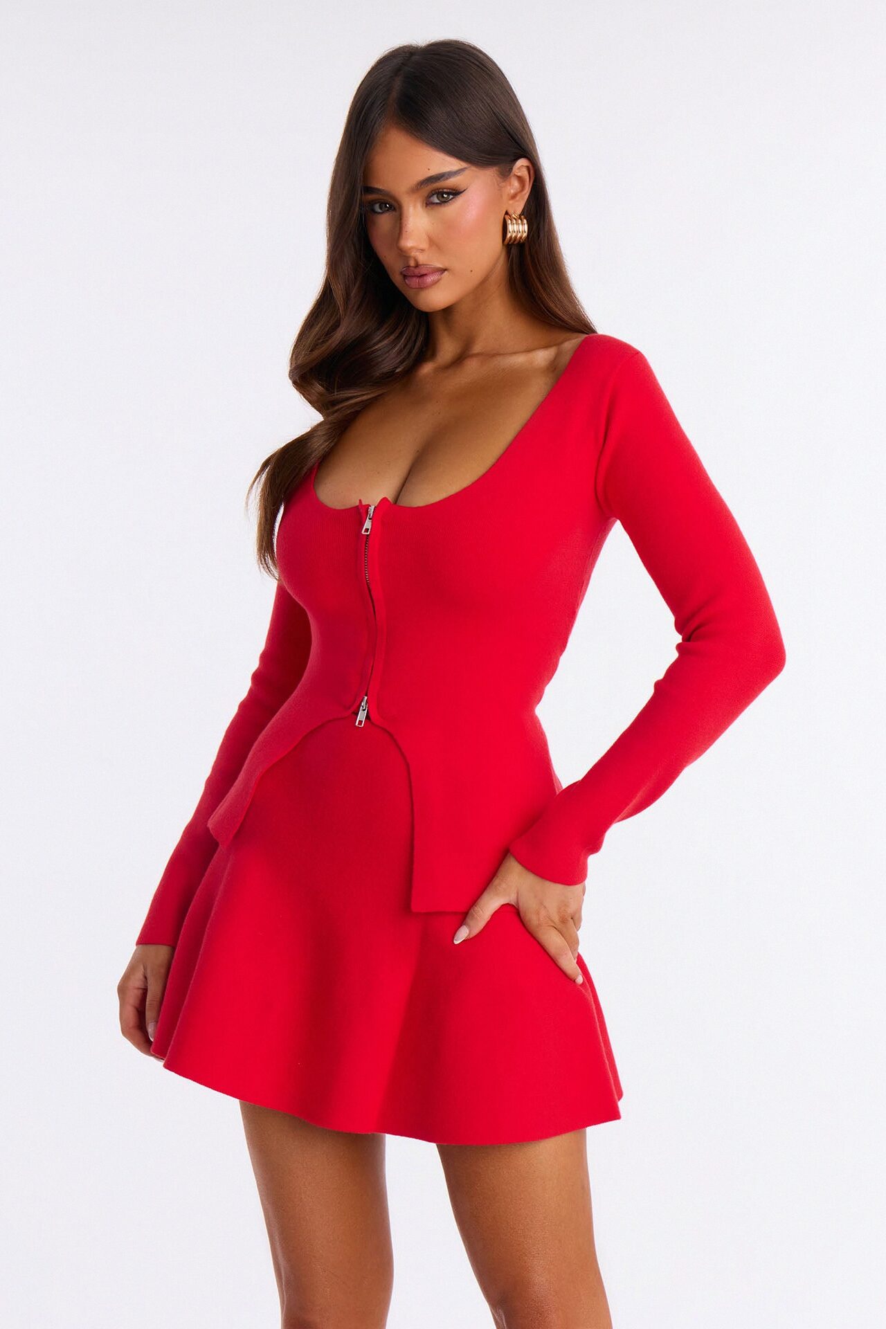 Stephie Two Way Zip Cardigan Skirt Set - Red