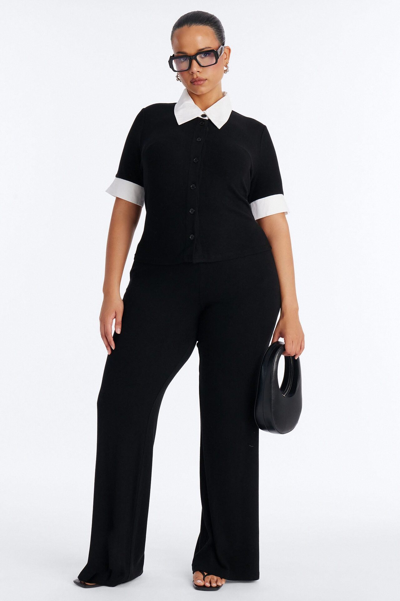 Taylor Short Sleeve Flare Pant Set - Black