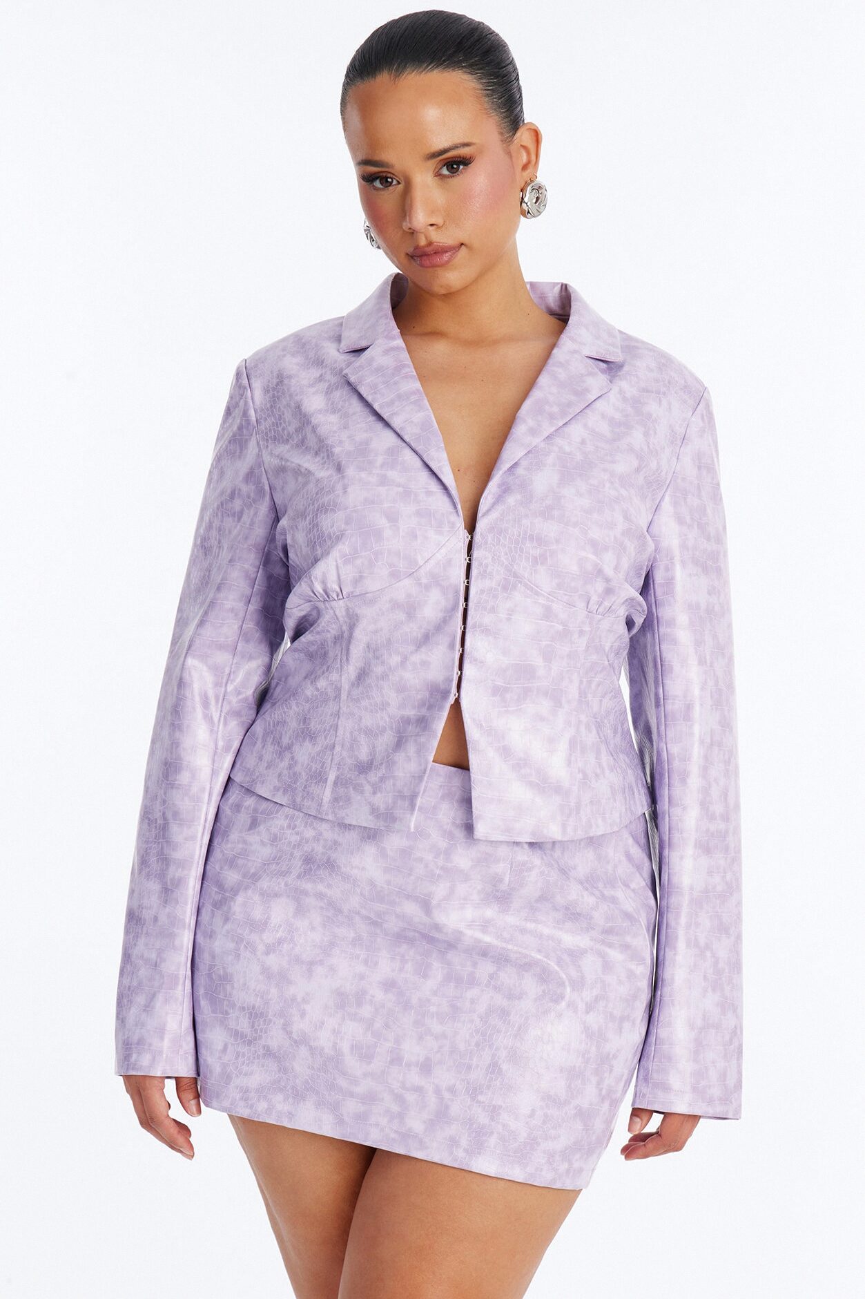 Heather Croc Embossed Faux Leather Jacket - Lilac