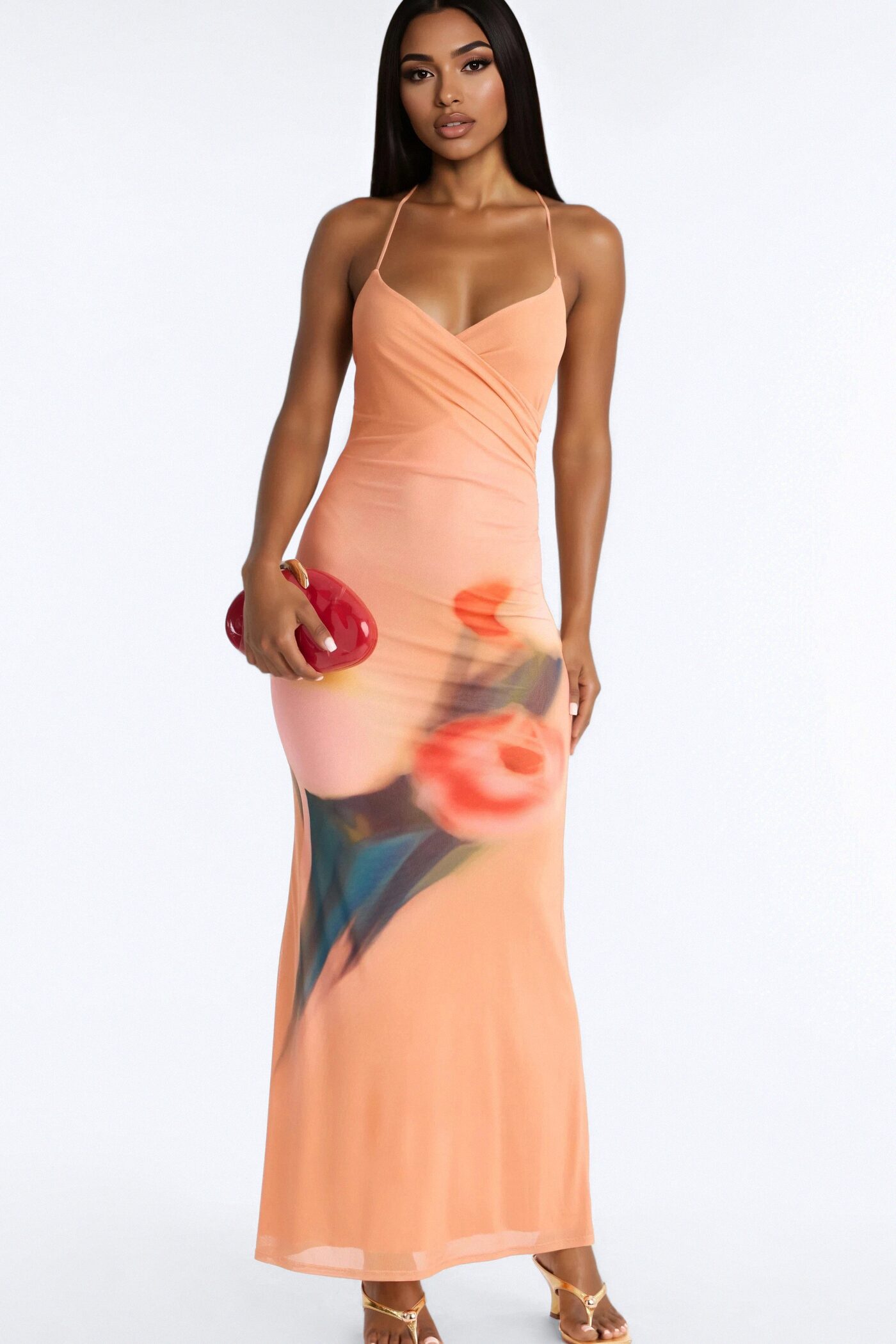 Janice Floral Mesh Maxi Dress - Orange