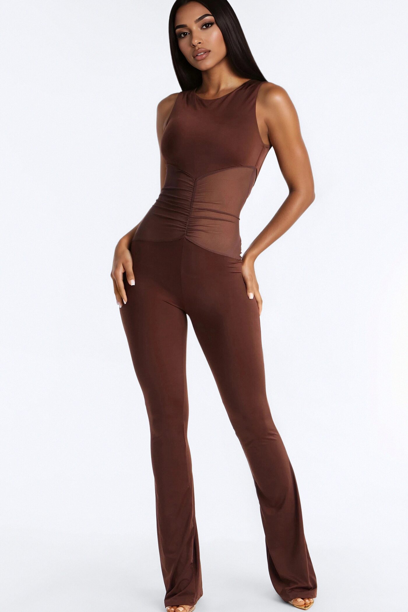 Rosina Ruched High Neck Flare Leg Jumpsuit - Chocolate