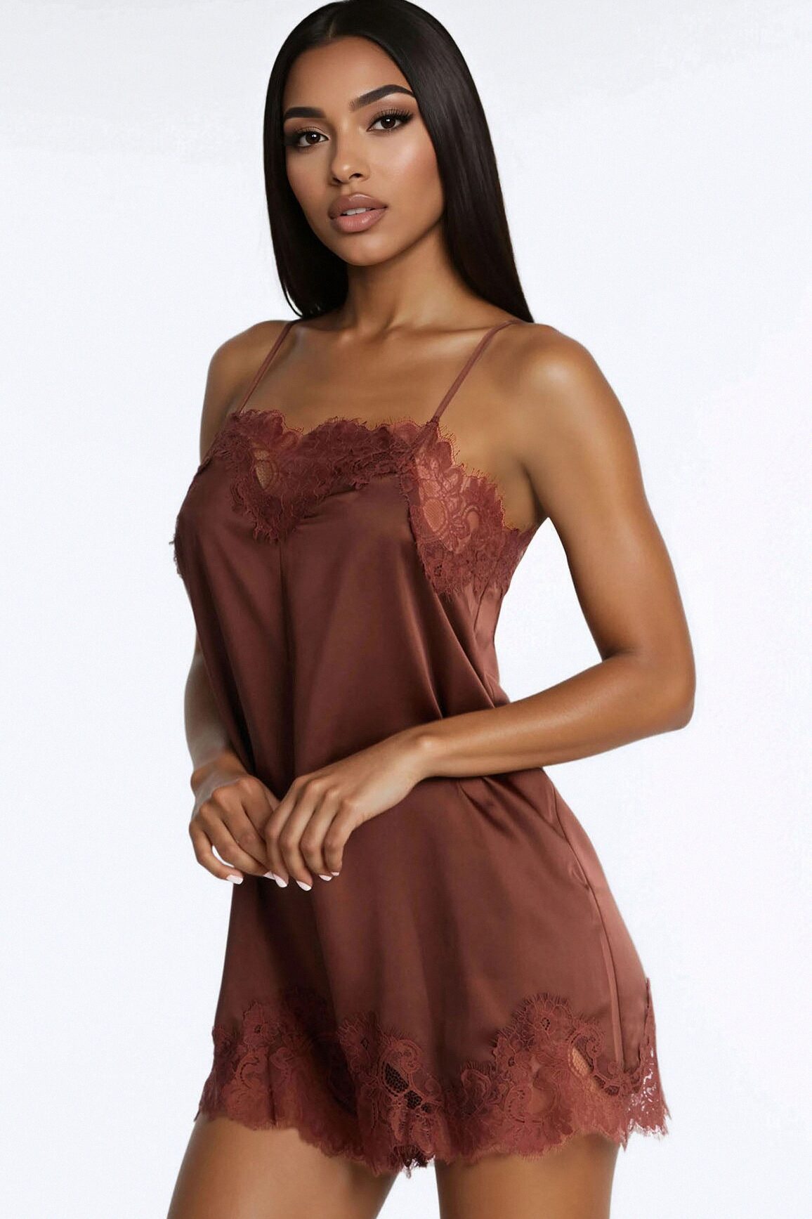 Hailey Lace Trim Satin Romper - Chocolate
