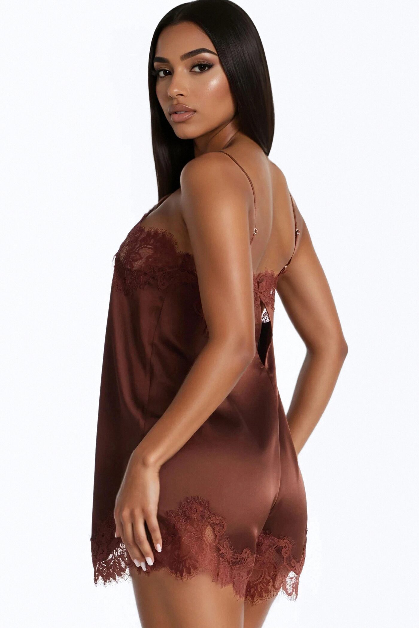 Hailey Lace Trim Satin Romper - Chocolate