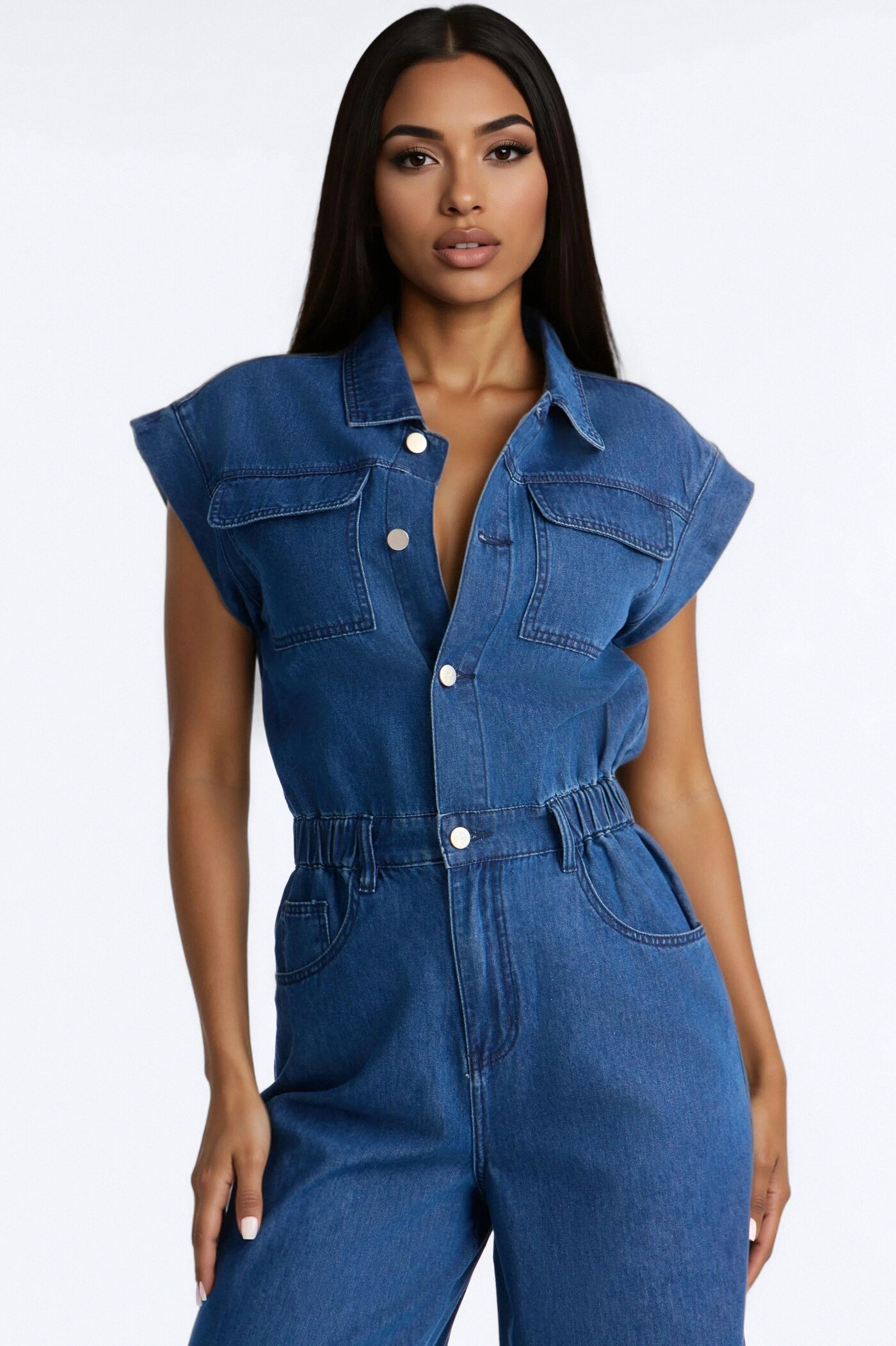 Jelina Denim Collar Wide Leg Jumpsuit - Medium Wash