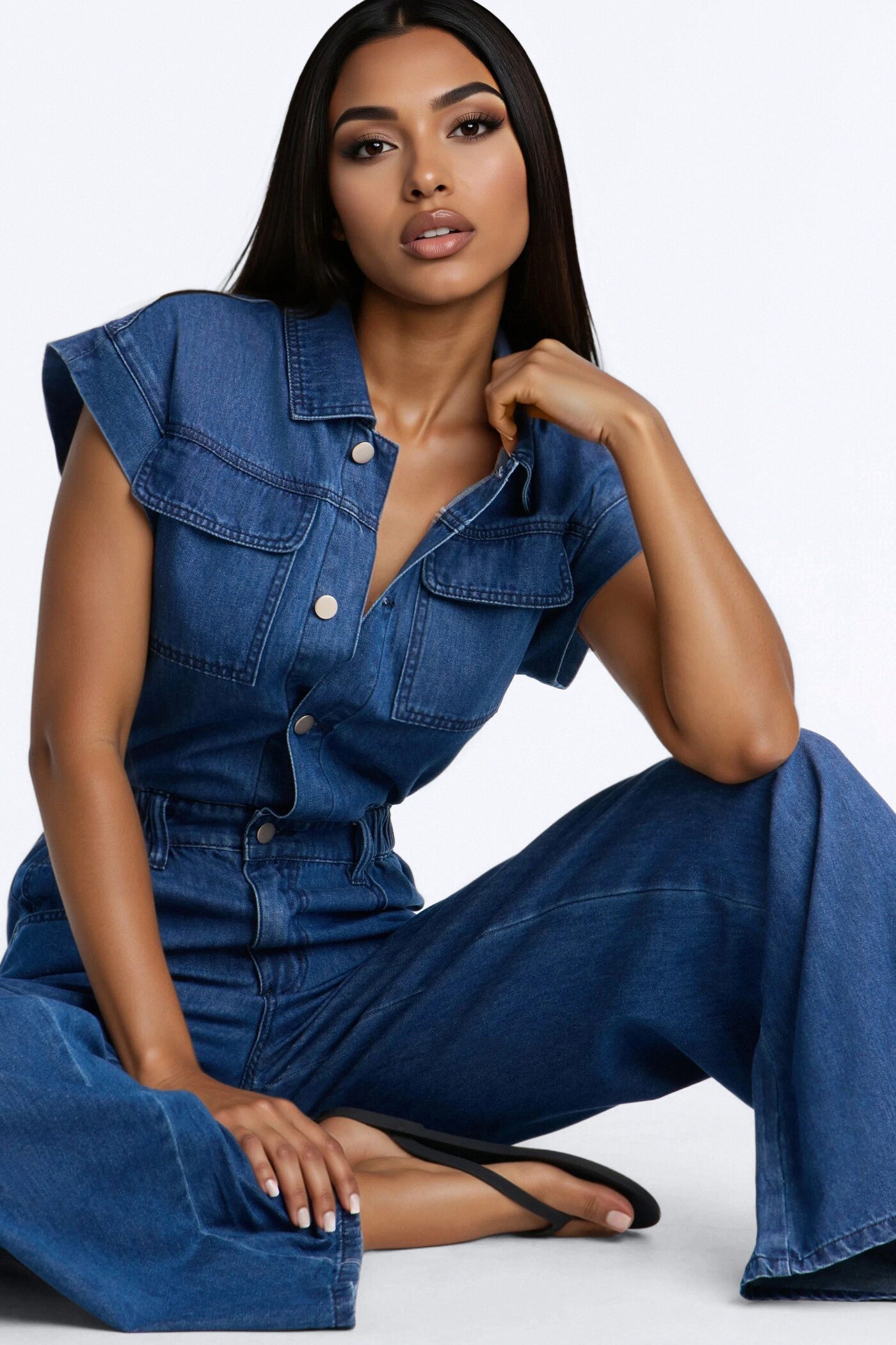 Jelina Denim Collar Wide Leg Jumpsuit - Medium Wash