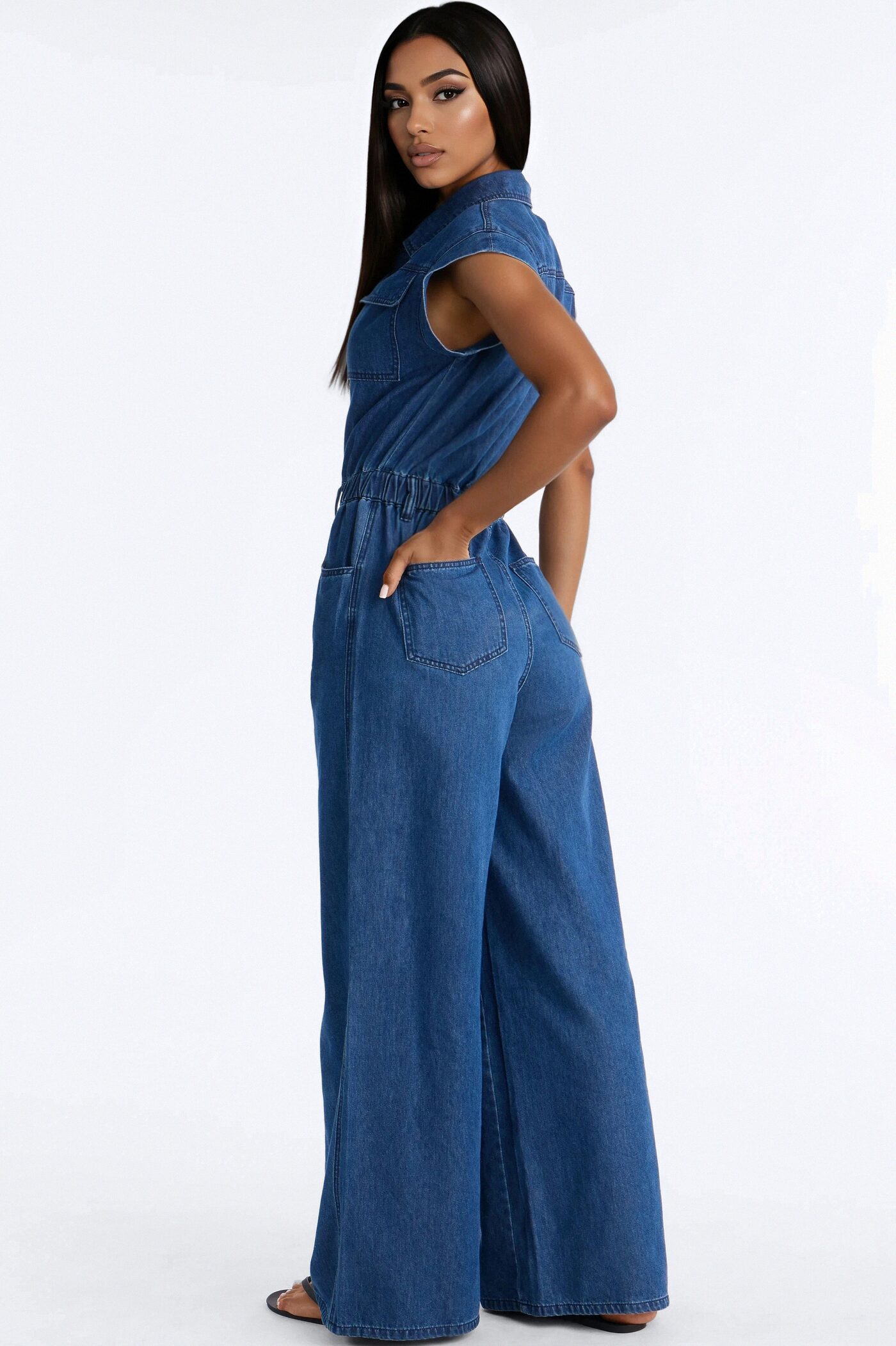 Jelina Denim Collar Wide Leg Jumpsuit - Medium Wash