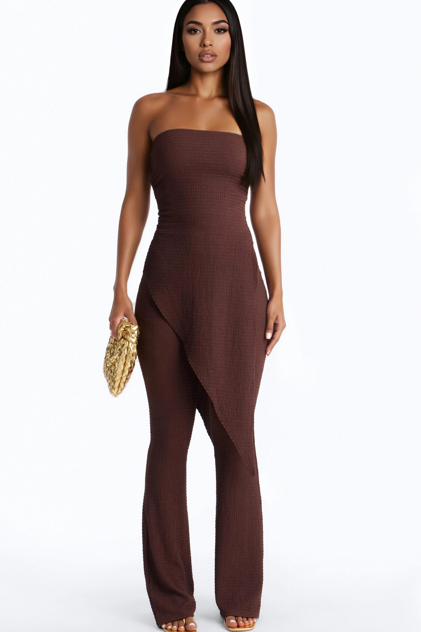 Ari Asymmetrical Strapless Jumpsuit - Chocolate