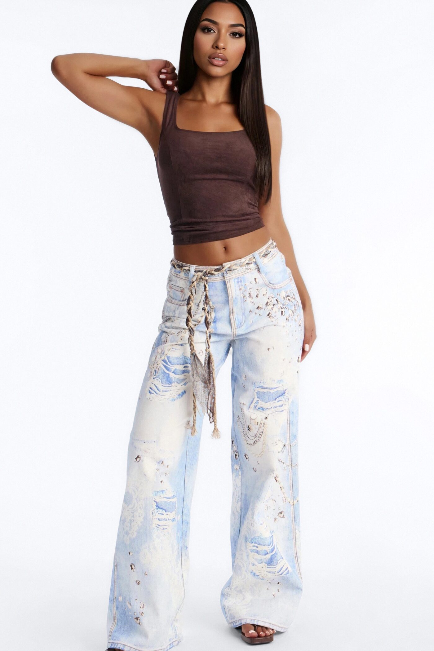 Marlowe Mid Rise Belted Wide Leg Pant 34″ - Blue/combo